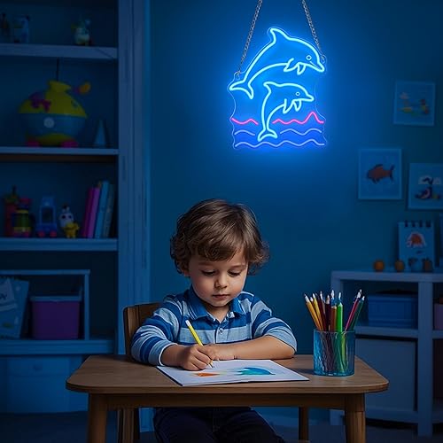 Miniatura 5 de Letrero de neón de delfín, decoración de pared de lámpara de delfín, decoración de fiesta de cumpleaños regulable para el hogar, patio, jardín,
