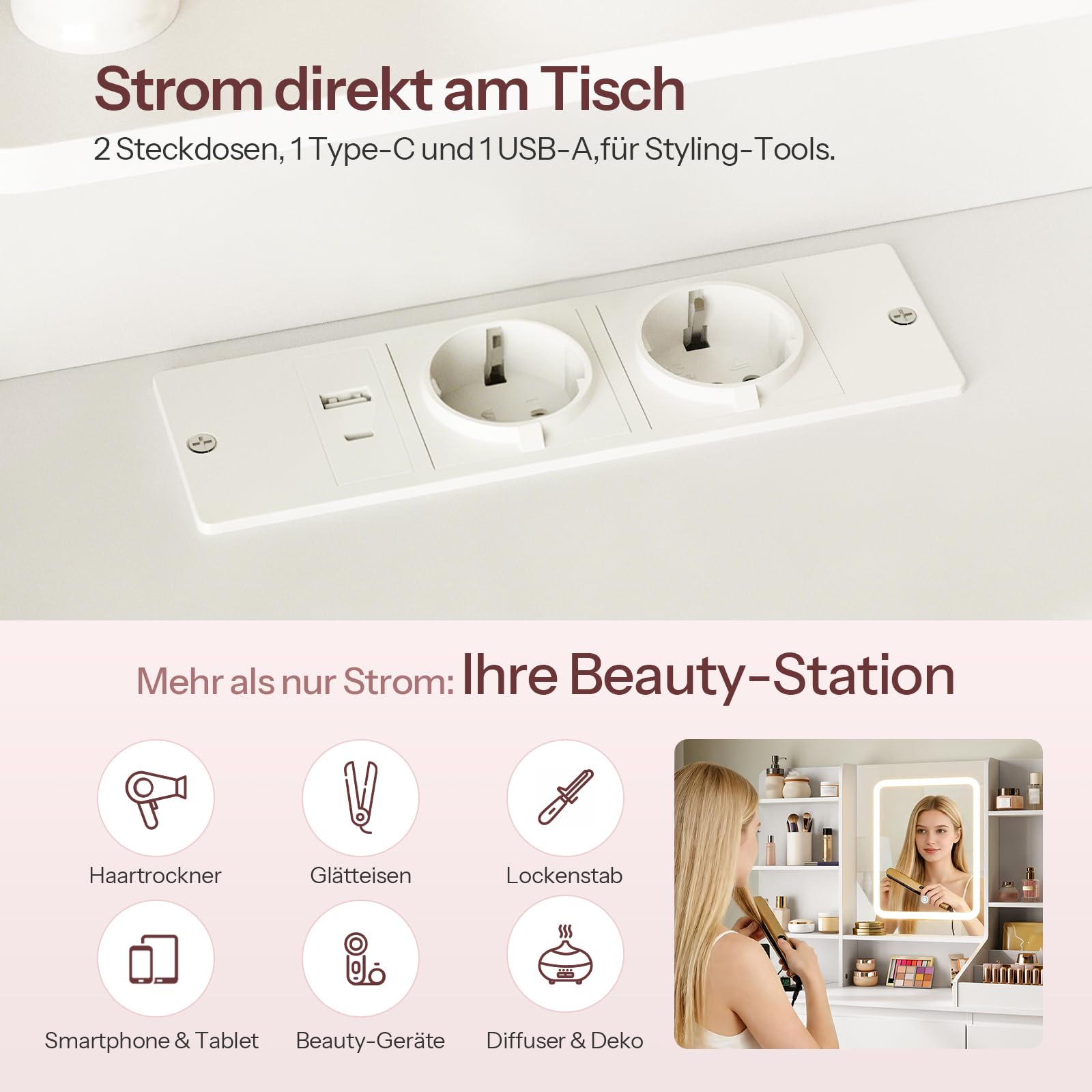 HOOBRO Schminktisch mit Ladestation (2X Steckdose, 1x USB-A, 1x Typ C), Schminktisch mit LED-Licht, 7 Schubladen, 5 offenen Fächern, inkl. Spiegel, für Schlafzimmer, Ankleidezimmer, Weiß