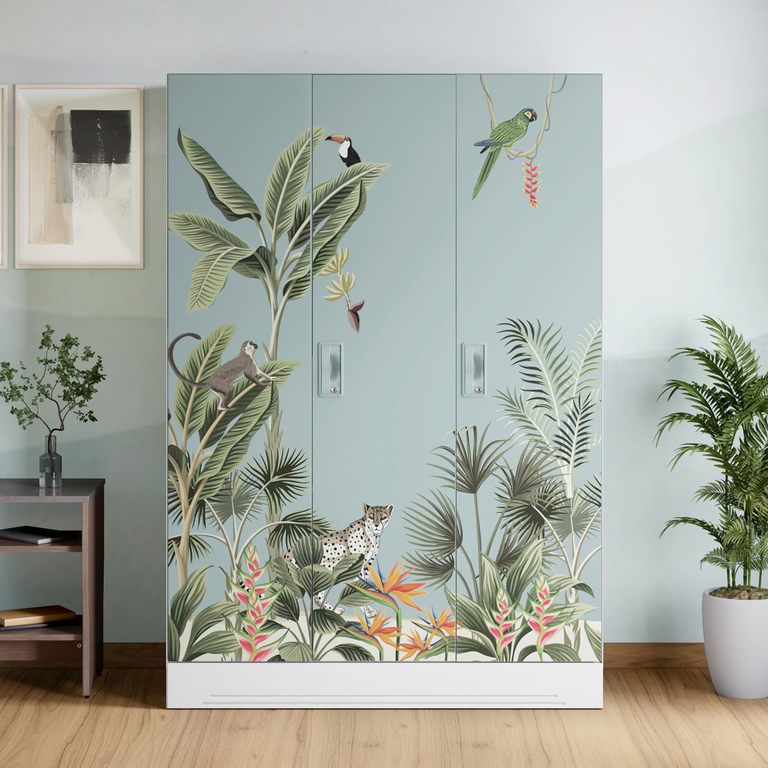 interio by godrej slimline 3-door digital printed steel almirah (sky grey tropical haven), 1-year warranty, 1 locker