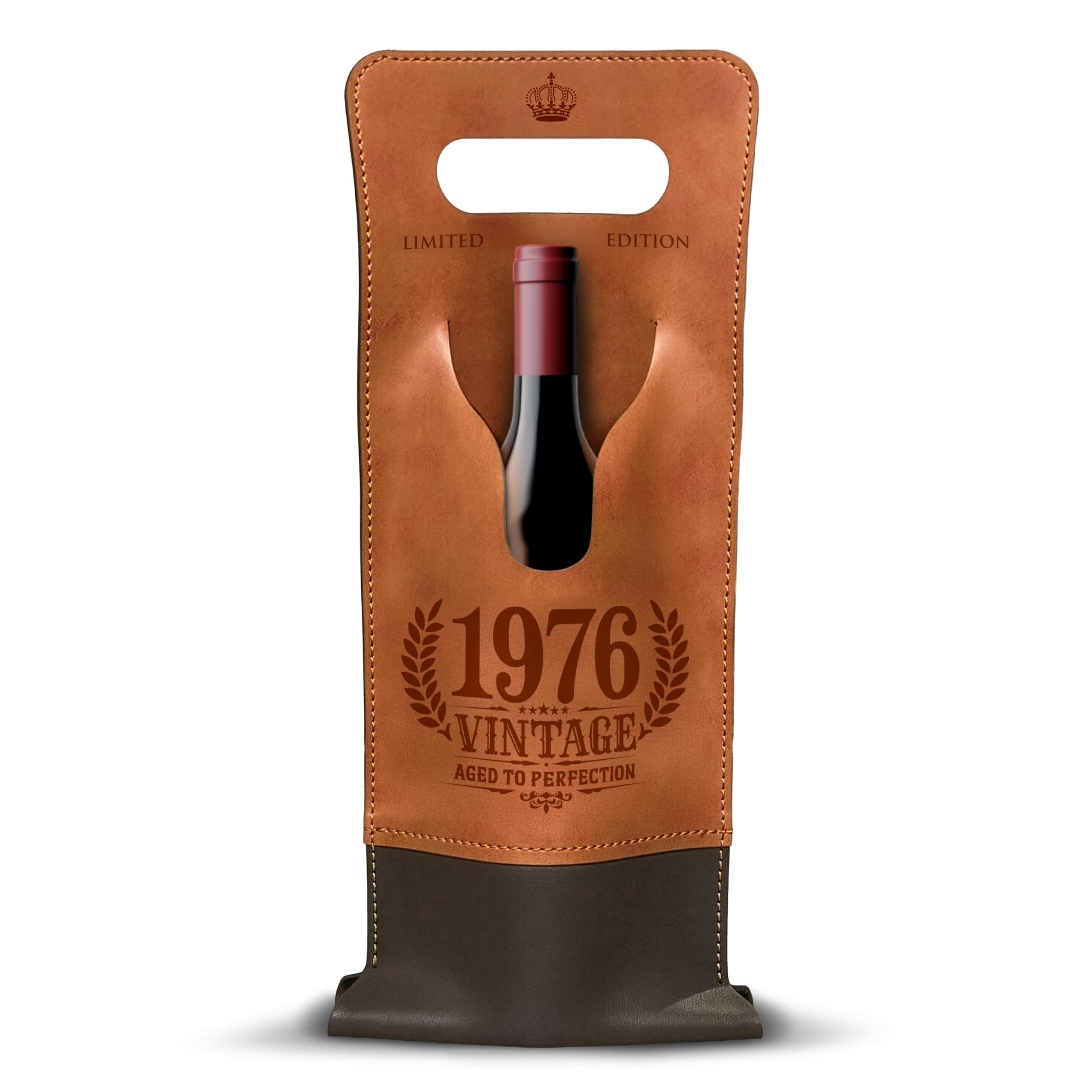 CROWNLY Vintage 1976 Wine Gift Bag — 50th Birthday Gift, Vegan Leather Bottle Bag "Aged to Perfection" for 750ml Wine & Champagne, Reusable Birthday Bottle Gift Bag for Him and Her