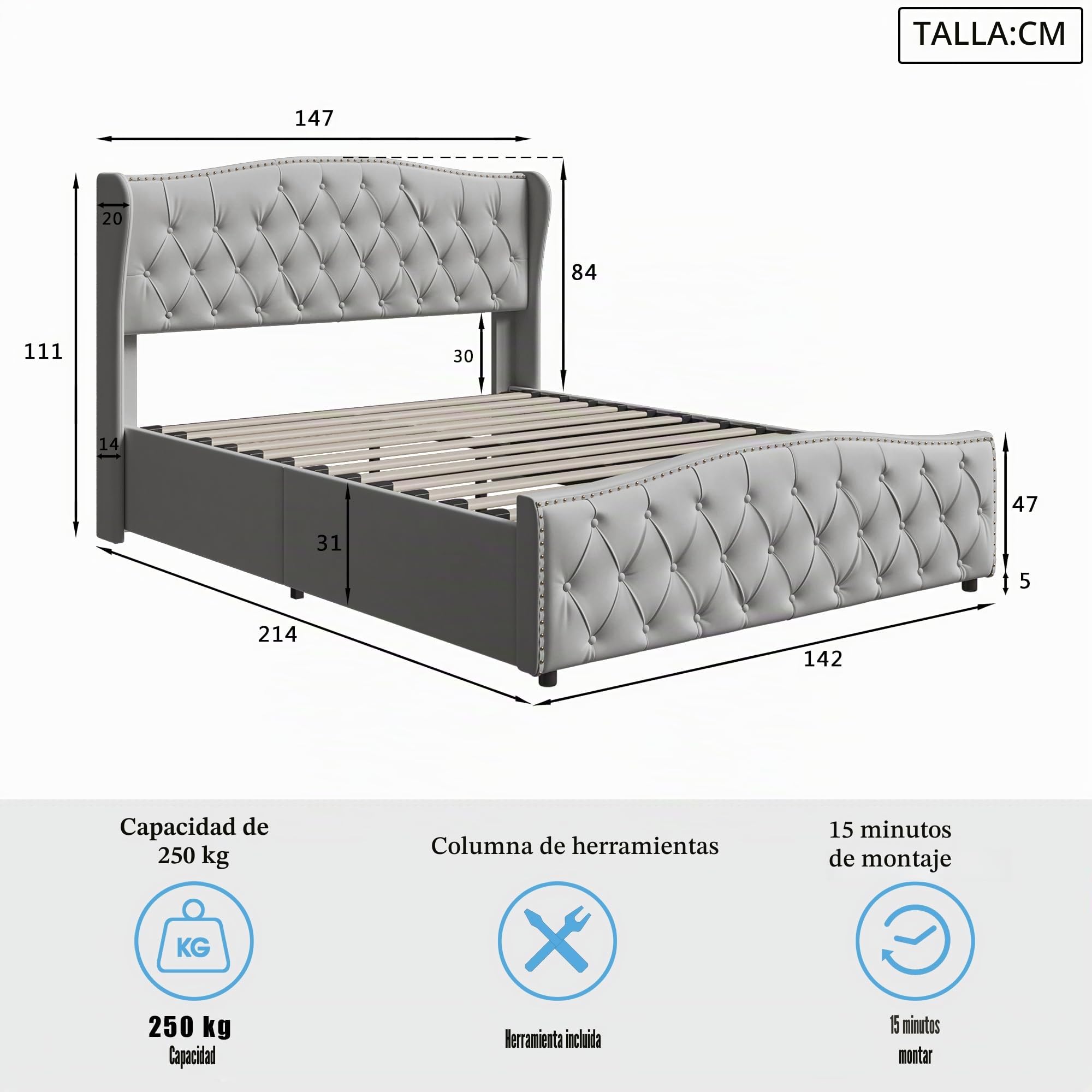 Cama matrimonial de 140 x 200 cm con patas de listones, cama con cajón de 140 x 200 cm con contenedor hidráulico, cama tapizada de 140 x 200 con cabecero para adultos y adolescentes (gris-1, 140 x 200