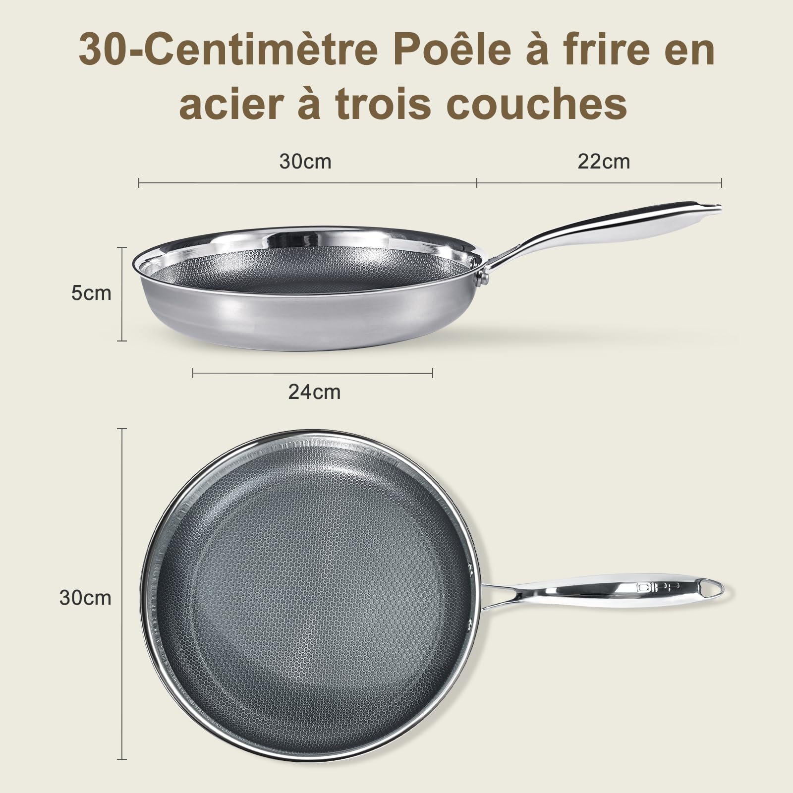 GiPP Poêle Antiadhésive, Acier Inoxydable à 3 Couches, Série Haut de Gamme | Sain et Non Toxique, Diffusion de Chaleur Homogène, Manche Restant Froid, Tous Feux Lot, Lave-vaisselle et Four, 30 cm