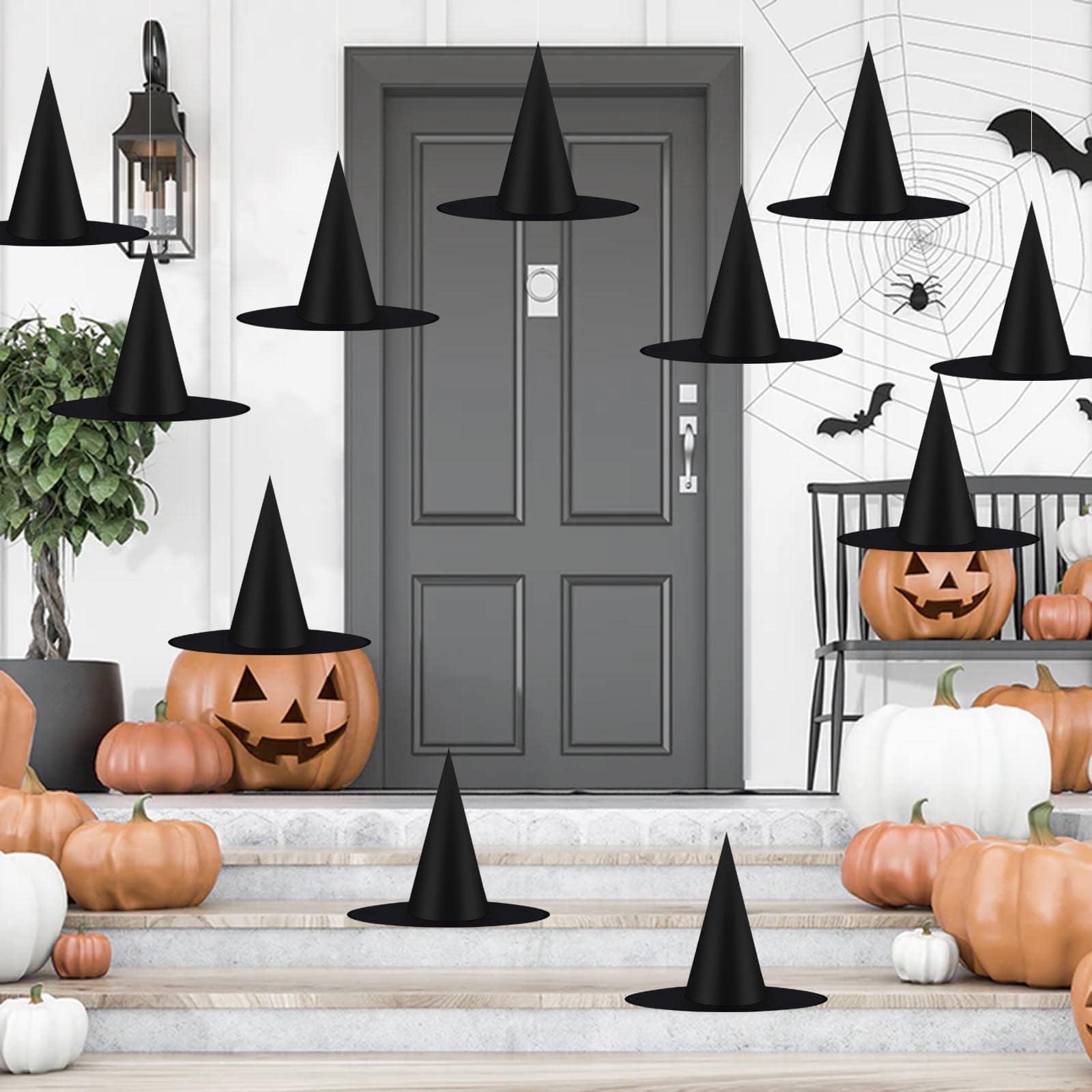 12 PCS Halloween Black Witch Hats Costume Accessory Decorations, Thickened Hanging Wizard Hats Bulk for Women Kids with Rope Floating Porch Indoor Outdoor Hocus Pocus Decor Party Supplies Game Toy