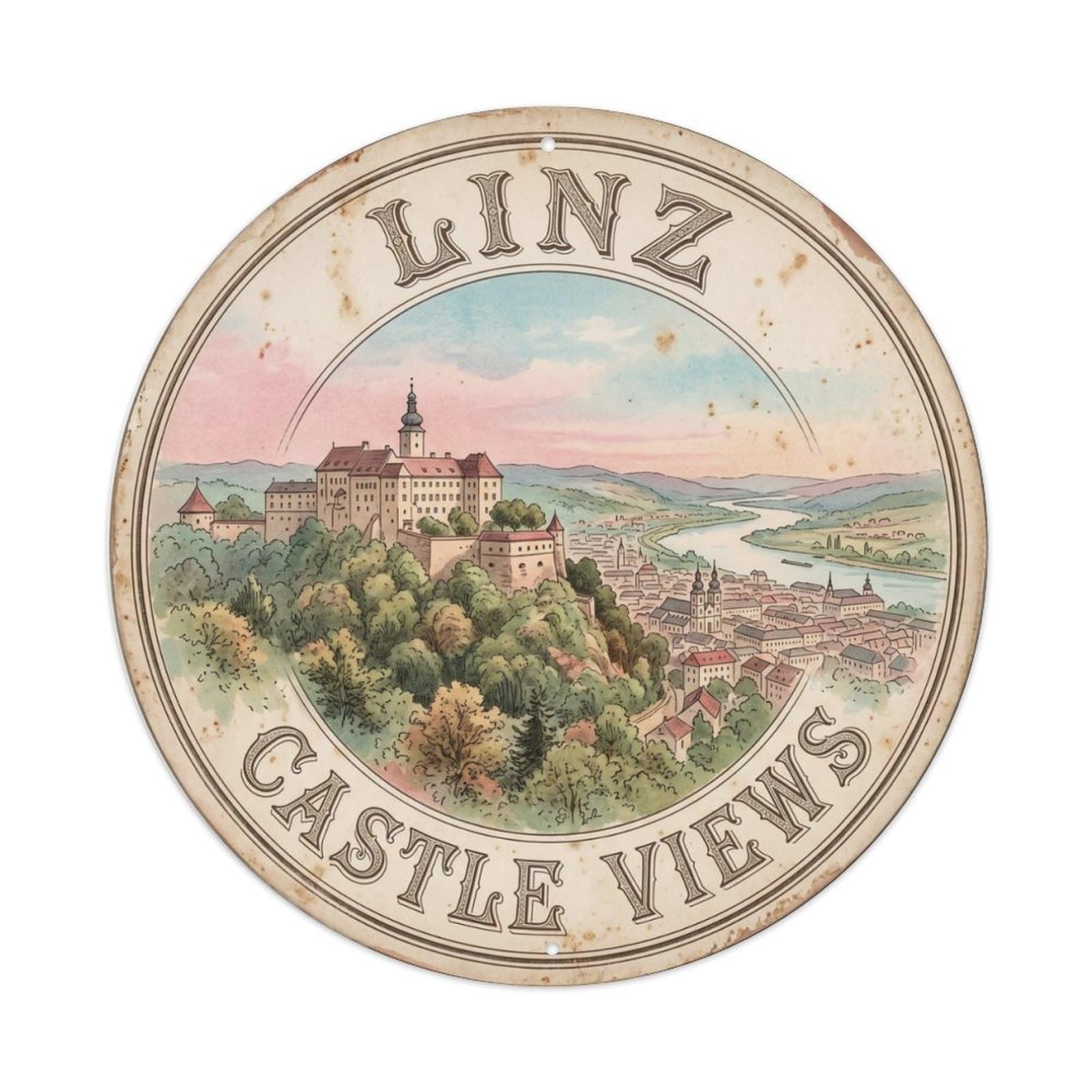 Vintage Travel Linz Castle Hilltop Metal Tin Sign Plaque Wall Decor for Cafe, Club Bar, Office, Home Garden Round Metal Poster 8x8Inch