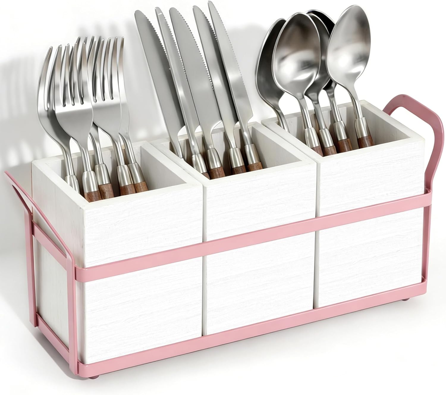 Utensil Holder for Kitchen Countertop, 3 Compartments Detachable Utensils Caddy, Large Wooden Utensils Organizer for Silverware, Spatula, Fork, Knife, Cutlery Storage, Counter Cooking Utensil Crock