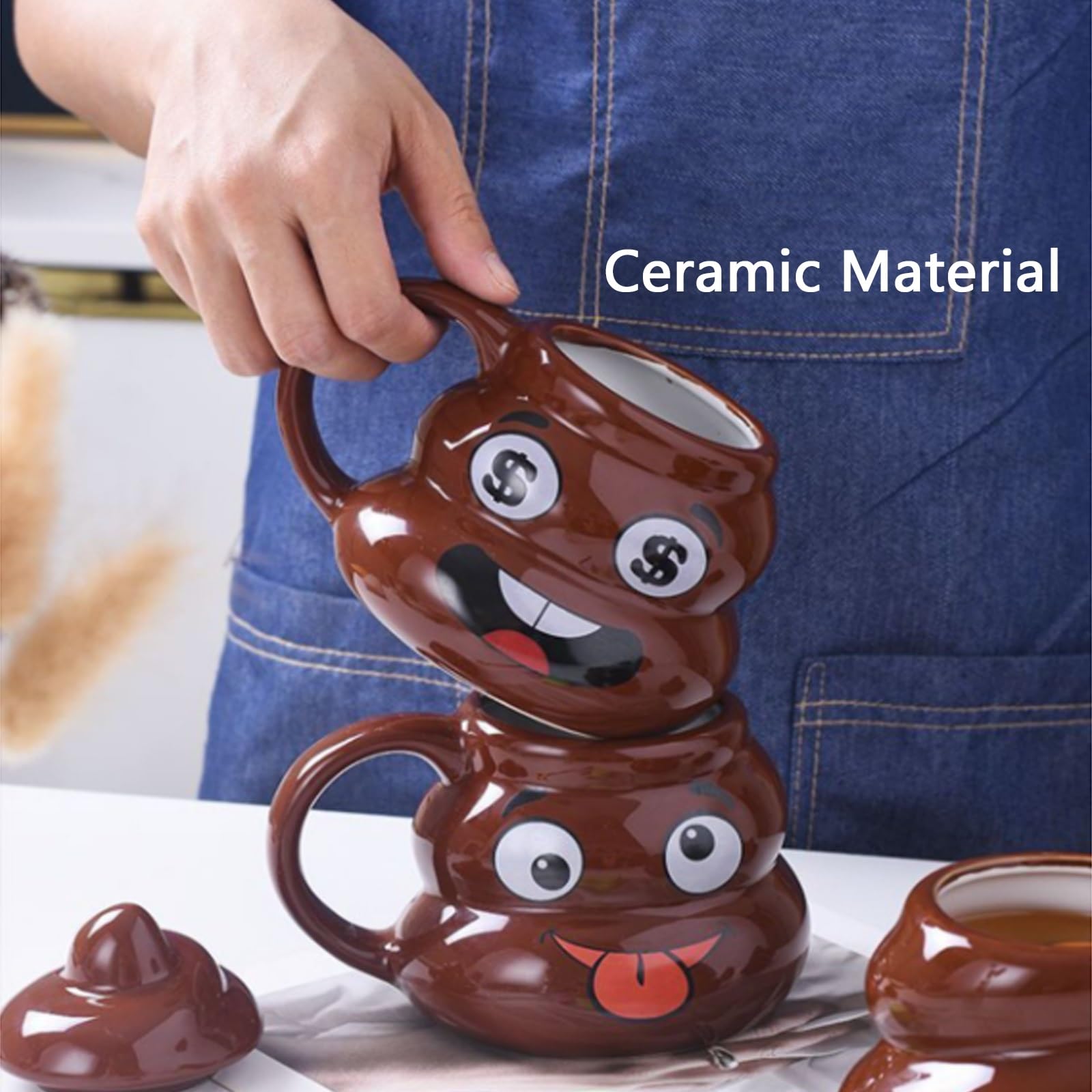 480ml / 16oz, Taza de Café Divertida con Forma de Caca, Taza Ceramica con Tapa y Cuchara, Creativa y Extravagante, Regalo de Broma Divertido para Hombres y Mujeres(Natural3)