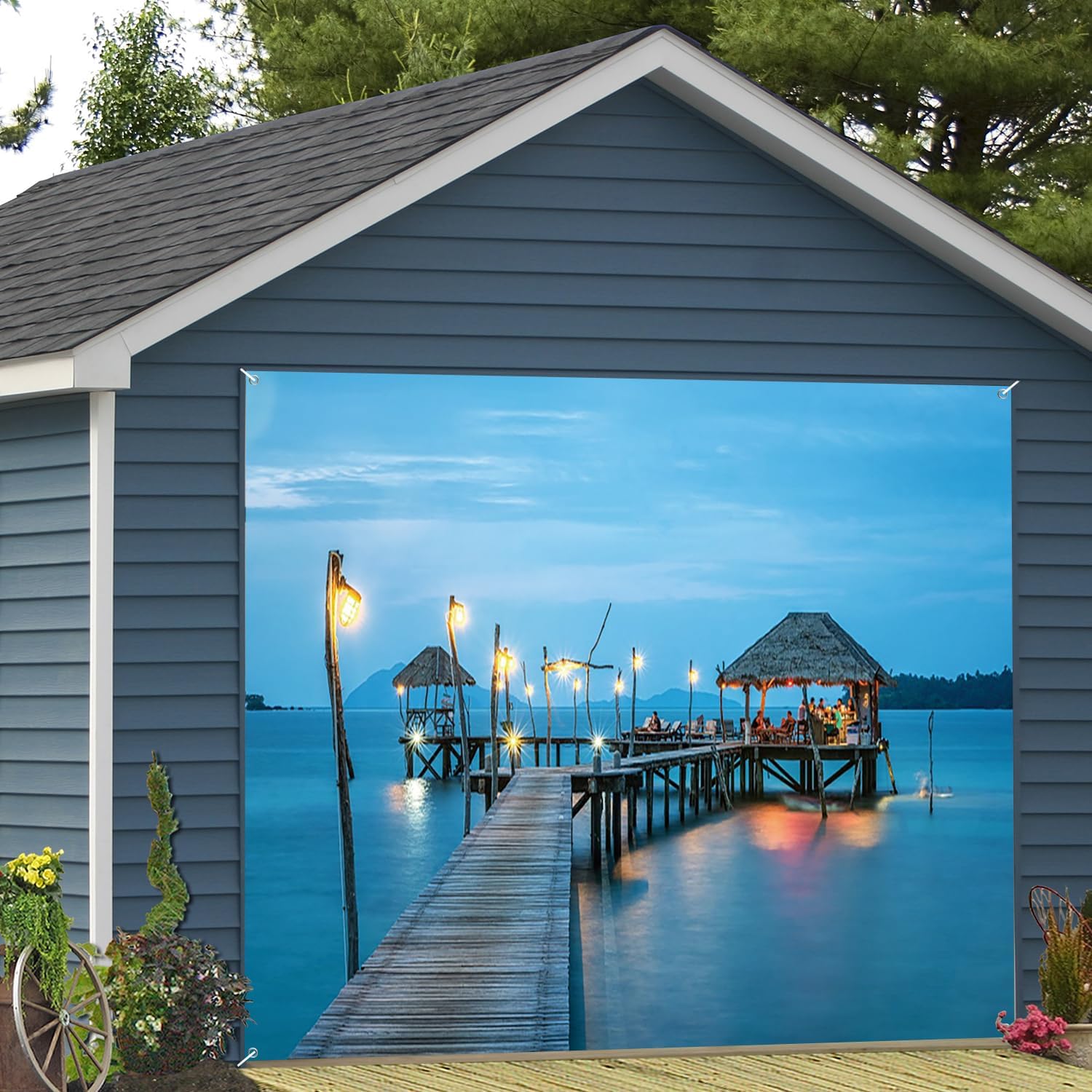 7x8ft Sea Garage Door Decor Calming Blue Water Scene Thatched Hut Ambiance Soft Glowing Lanterns Wooden Bridge Garage Cover for Vacation Themed Parties Beach Decoration Props