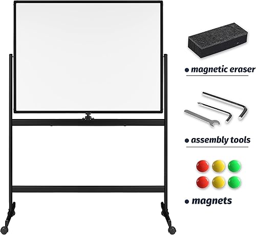 Miniatura 4 de INNOVART Pizarra blanca móvil de 72 x 40 pulgadas, pizarra magnética de borrado en seco de doble cara reversible de 360 con soporte rodante portátil