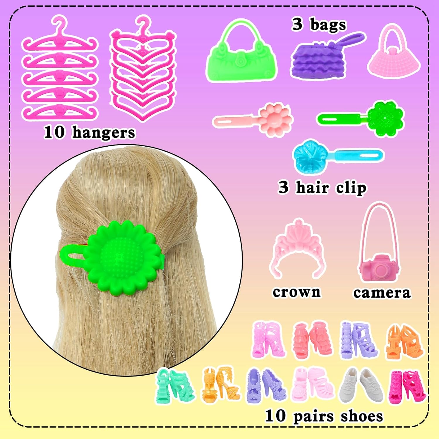 62Pcs Doll Clothes & Accessories - 3 Princess Wedding Gowns, 2 Evening and 5 Fashion Casual Dresses, 2 Tops Pants Outfits, 5 Slip Dresses, 2 Swimsuits, 10 Shoes & 10 Hangers for 11.5 Inch Girl Doll