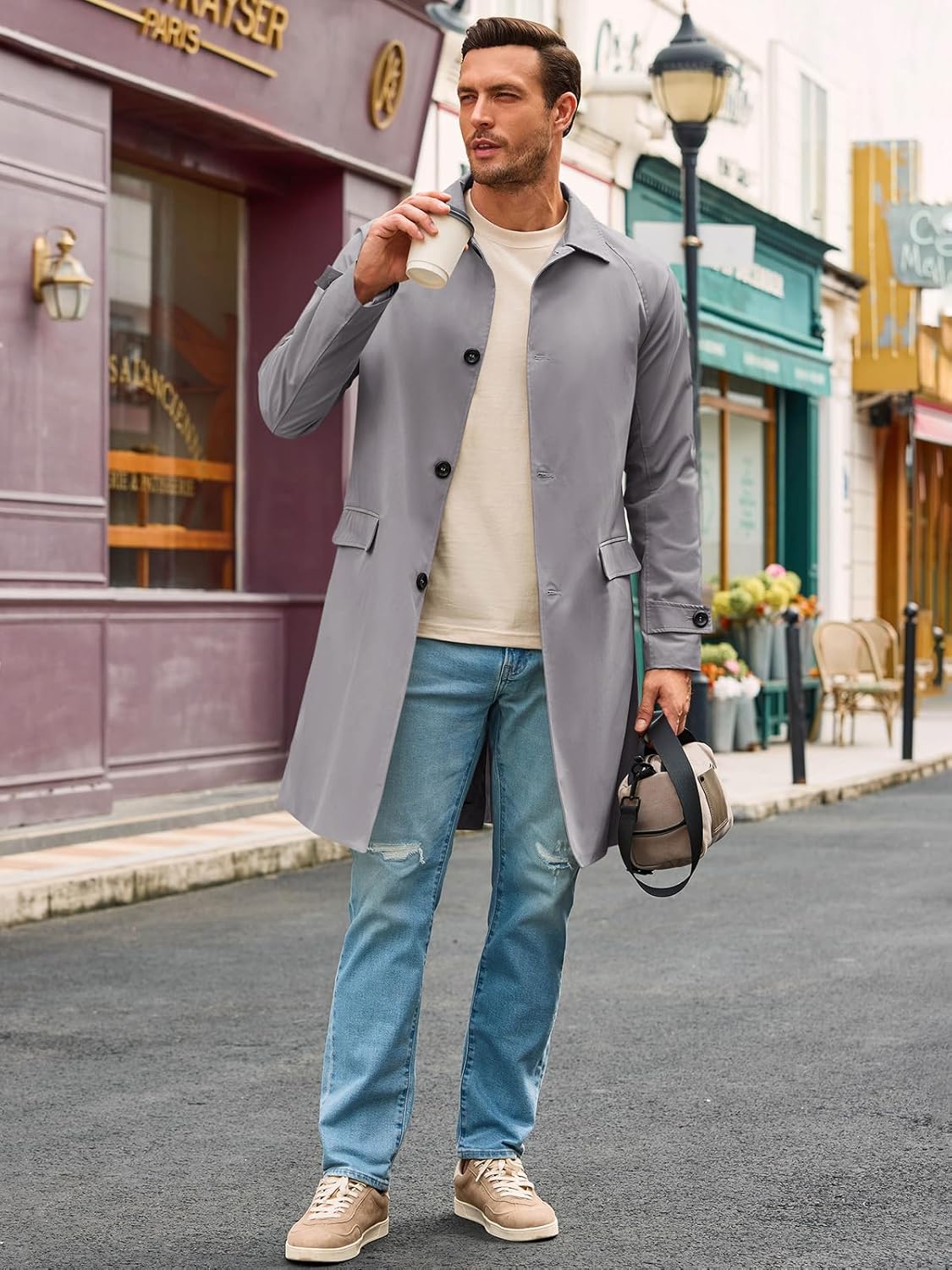 Runcati Mens Trench Coat Slim Fit Single Breasted Long Windbreaker Jacket Classic Lapel Casual Overcoat - Image 4