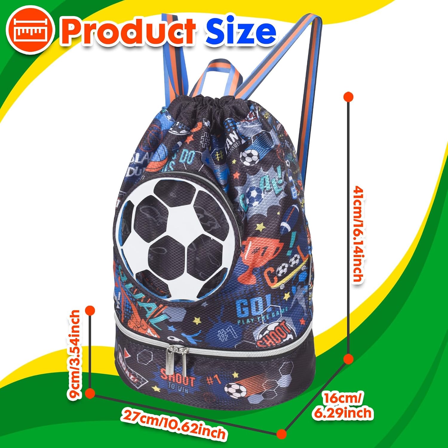 Drawstring Backpack for Kids Girls, Cute Cartoon Football Waterproof Drawstring Bag String Swim Gym Sports Beach Bag with Shoes Compartment and Wet Proof Pocket