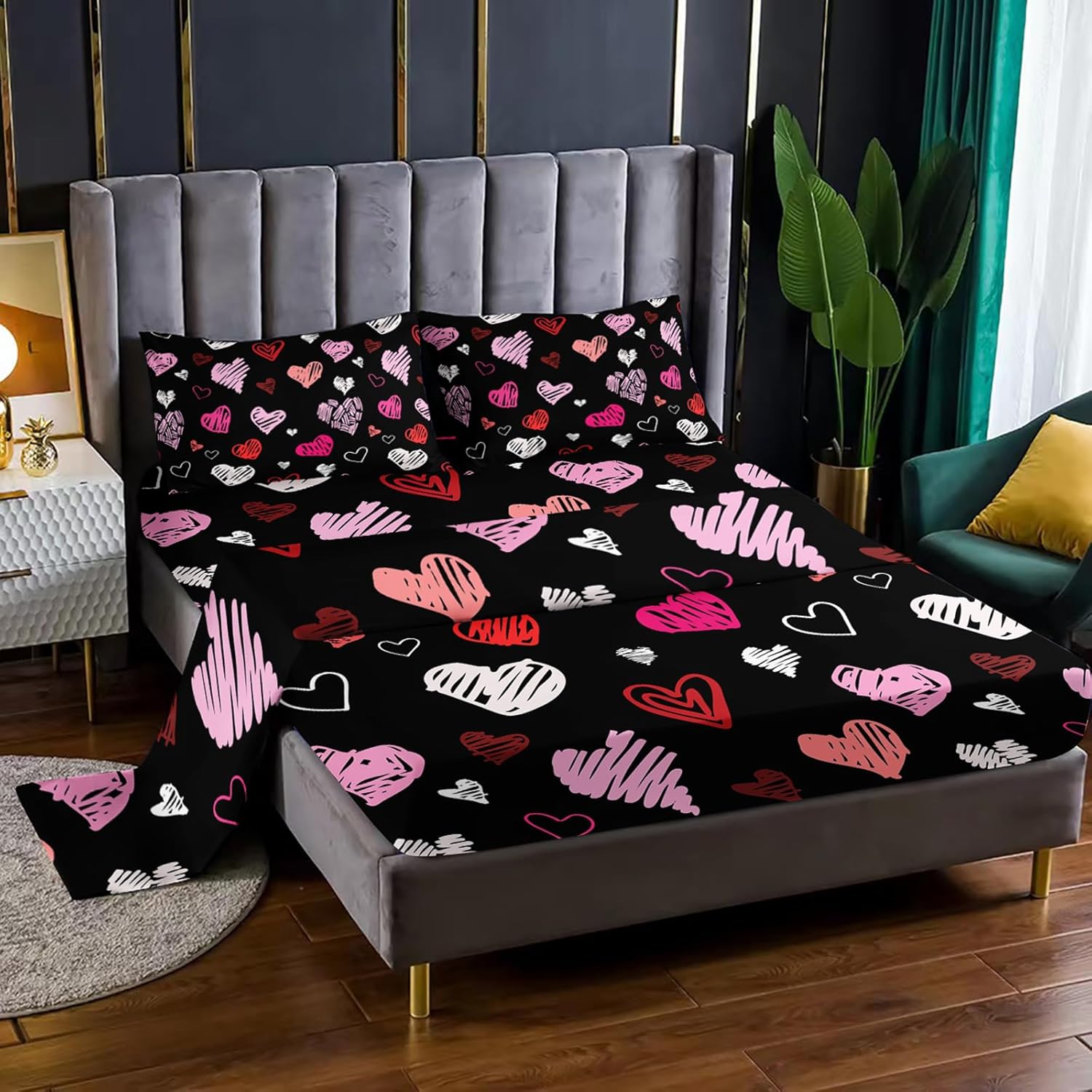 Kawaii Cartoon Heart 4 Pieces Bed Sheet Sets Twin Size Valentines Day Bedding Sets with 16" Deep Pockets Heart Bedroom Decor,Bedding Set 4 PCS(1 Fitted+1 Flat+2 Pillowcases)