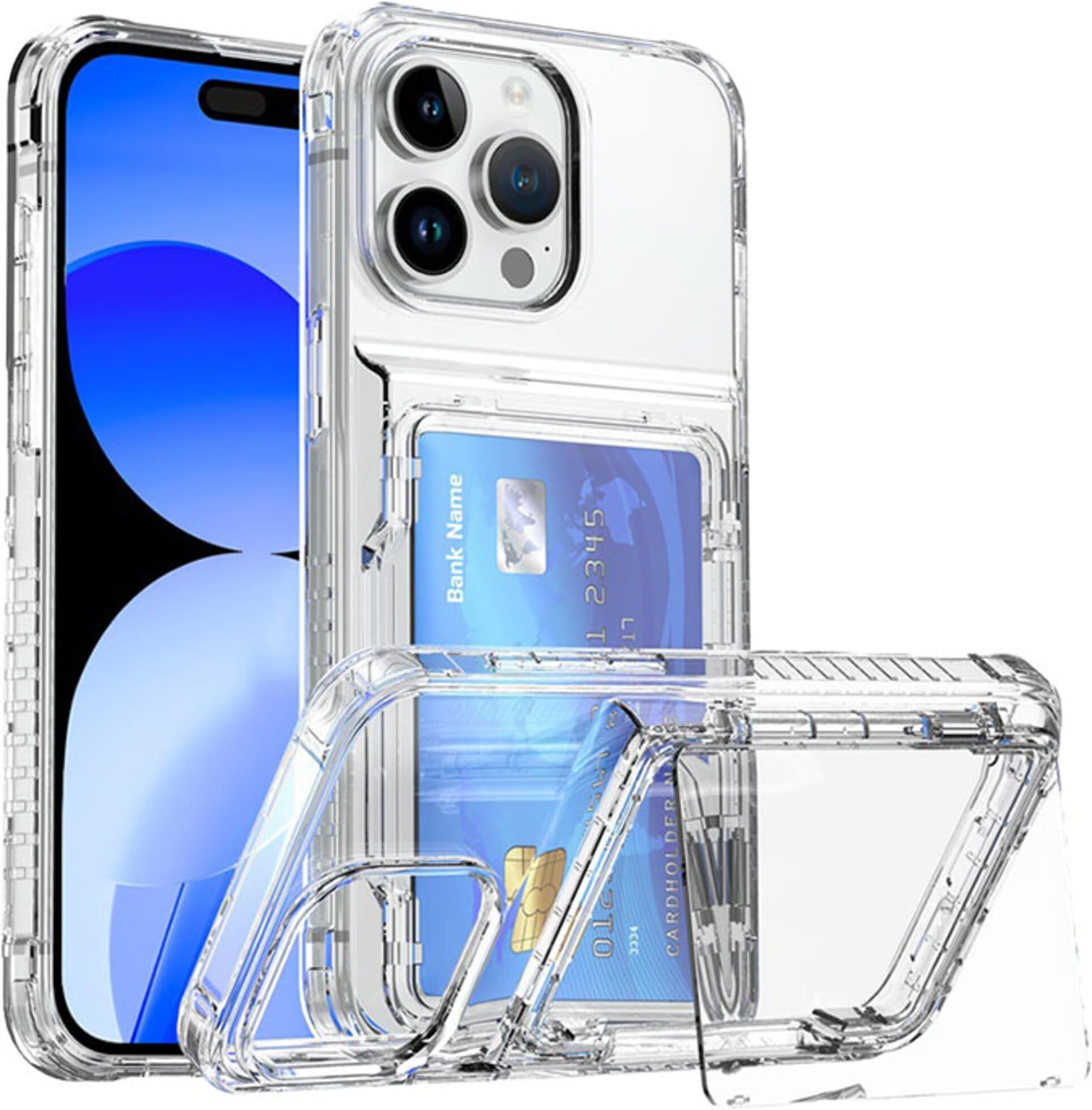 La Momo iPhone 14 Pro Case, Card Storage, Clear, iPhone Case, Transparent, Full Protection, Bumper, Smartphone, iPhone Case, Shockproof, iPhone Cover, Stand Function, Includes Card Pocket, Simple