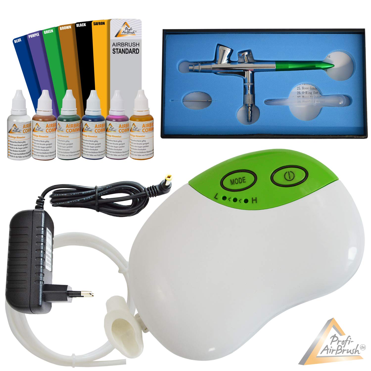 Airbrush Mini Kompressor Set Carry III-mit Airbrush Farben 6er Set für Tattoo!- Airbrush Kompressor für Airbrushfarben Airbrushpistole Single-Action-Gun 207 D 0,3 Düse
