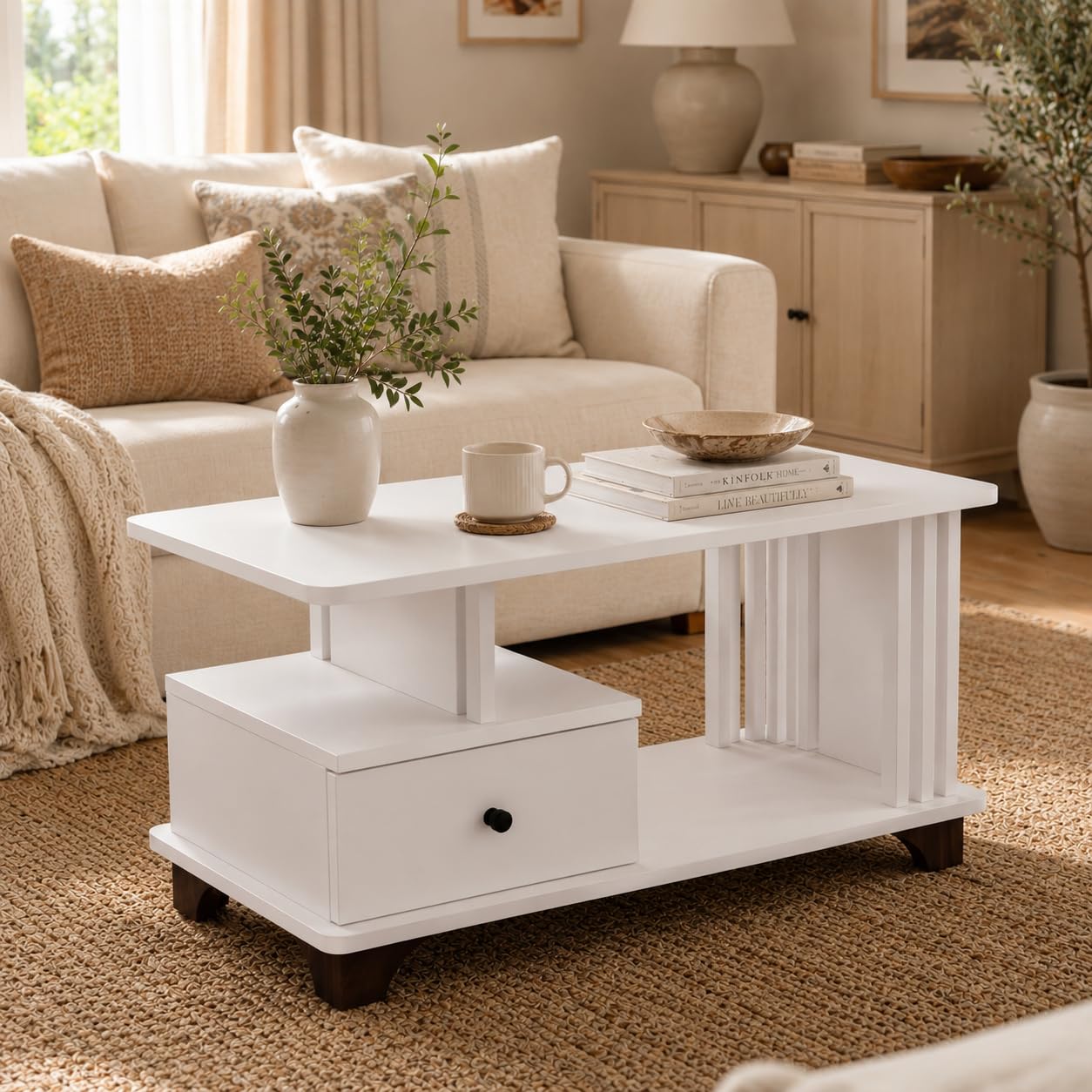 Studio Kook Casa Engineered Wood Coffee Table with Drawer, Moonshine White | Contemporary centre table with open shelves and built-in drawer on telescopic channels. Measures 90 x 42 x 43 cm.