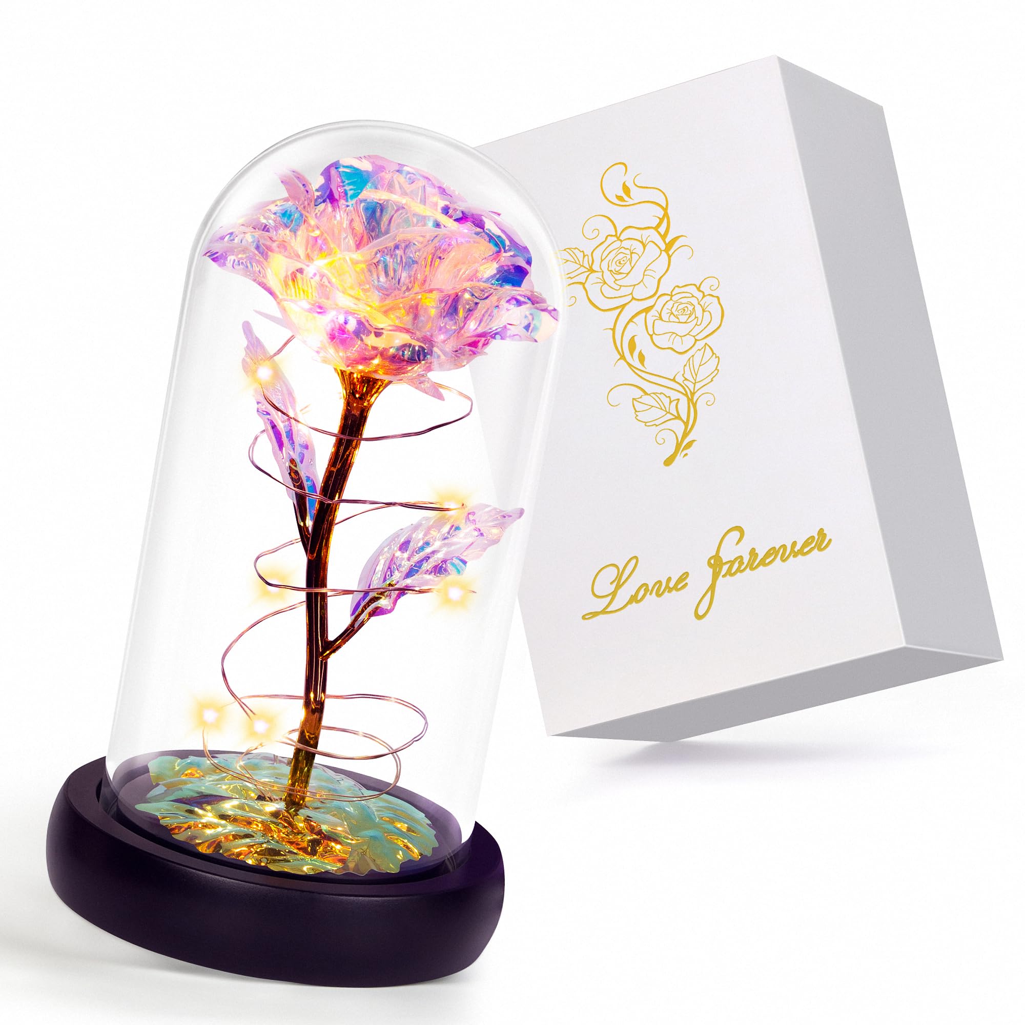 Childom Birthday Gifts for Women,Christmas Rose Gifts for Mom,Women,Her,Wife,Grandma,Light Up Rose in Glass Dome,Colorful Rainbow Flowers for Delivery Christmas,Anniversary,Valentines Day,Mothers Day