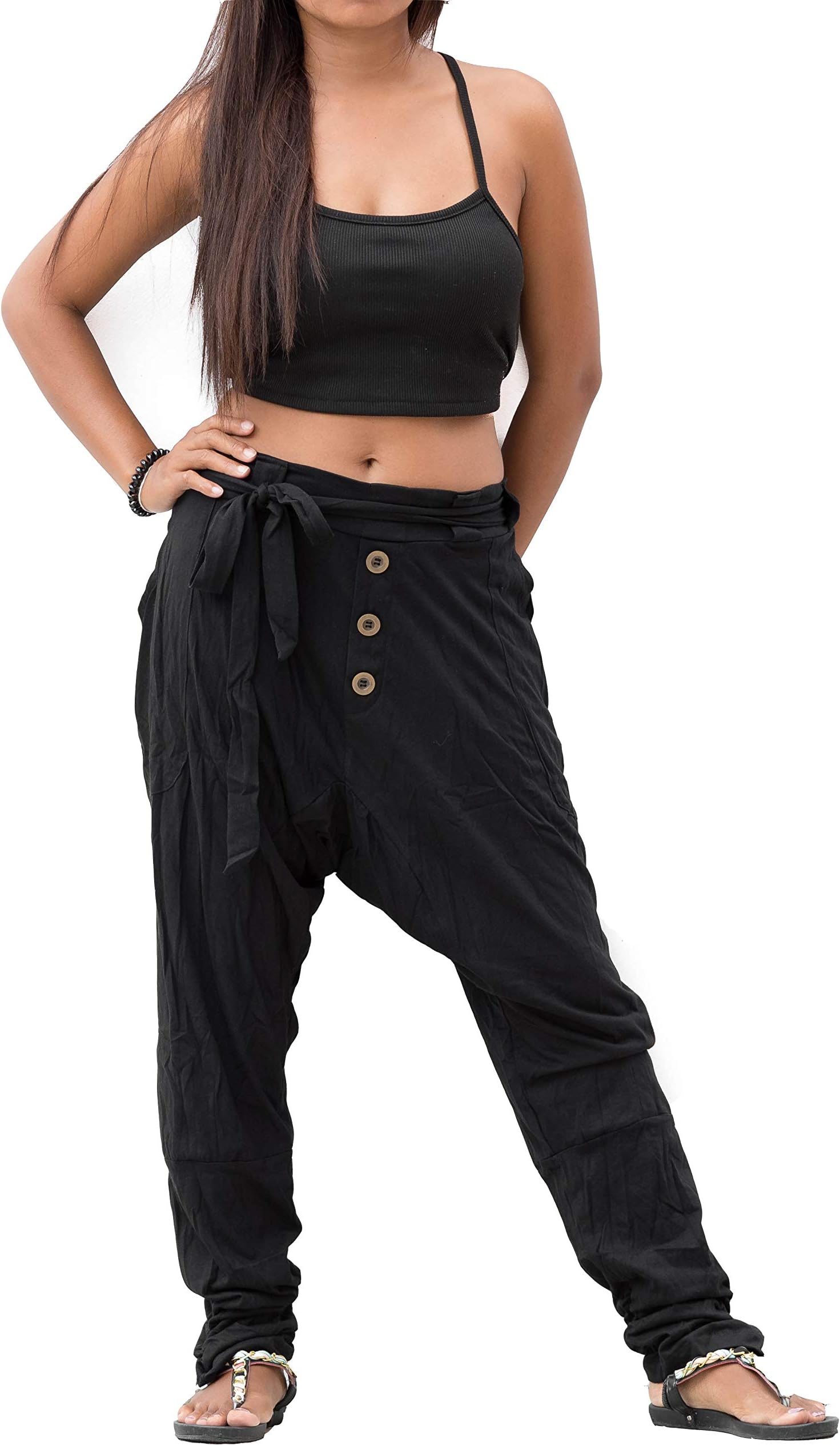 Women's Harem Pants Comfy Drawstring Yoga Cotton Boho Trousers with Pockets Black