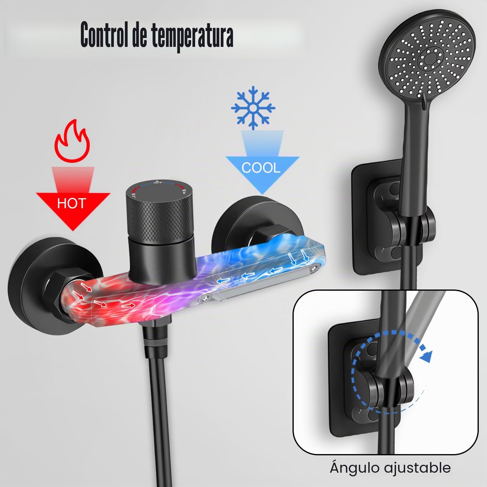 Grifo Bañera Negro en Cascada, Grifo Mural de Latón para Ducha y Baño, con Ducha de Mano de 3 Modos, Mezclador Monomando para Bañera Universal 1/2" Salida Inferior, con Soporte y Manguera de 1,5 m