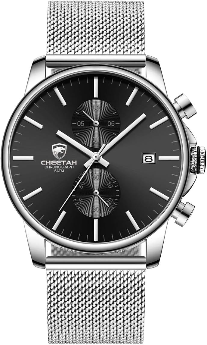 Mens Watch Fashion Sleek Minimalist Quartz Analog Mesh Stainless Steel Waterproof Chronograph Watches for Men with Auto Date