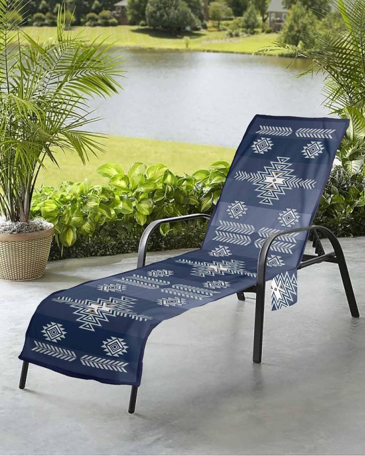 Beach Pool Patio Lounge Chaise Chair Cover Towel with Pockets,Blue Aztec Absorbent & Quick Dry Microfiber Towel Cover Bag Travel Accessories Abstract Geometric Tribal Ethnic Native Vintage American