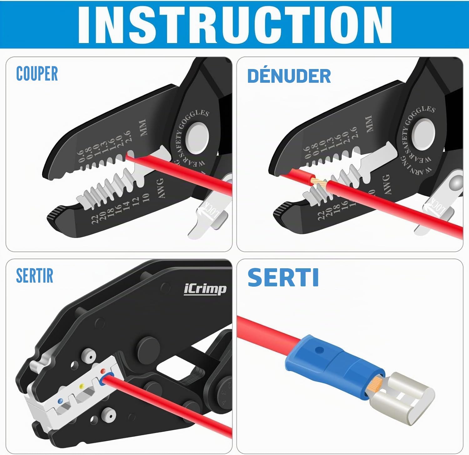iCrimp IWS-QCKIT Kit sertissage 8 pièces avec matrices interchangeables | Pince à sertir à cliquet avec dénudeur pour cosses isolées, non isolées et embouts