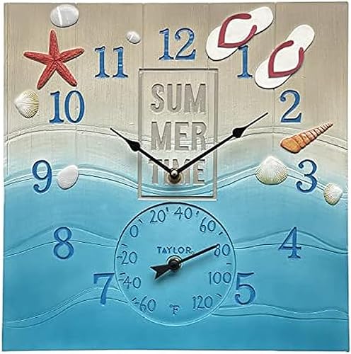 Miniatura 8 de Taylor Precision Products, Beach This Way - Reloj y termómetro de poliresina para interiores y exteriores, 14 pulgadas, multicolor
