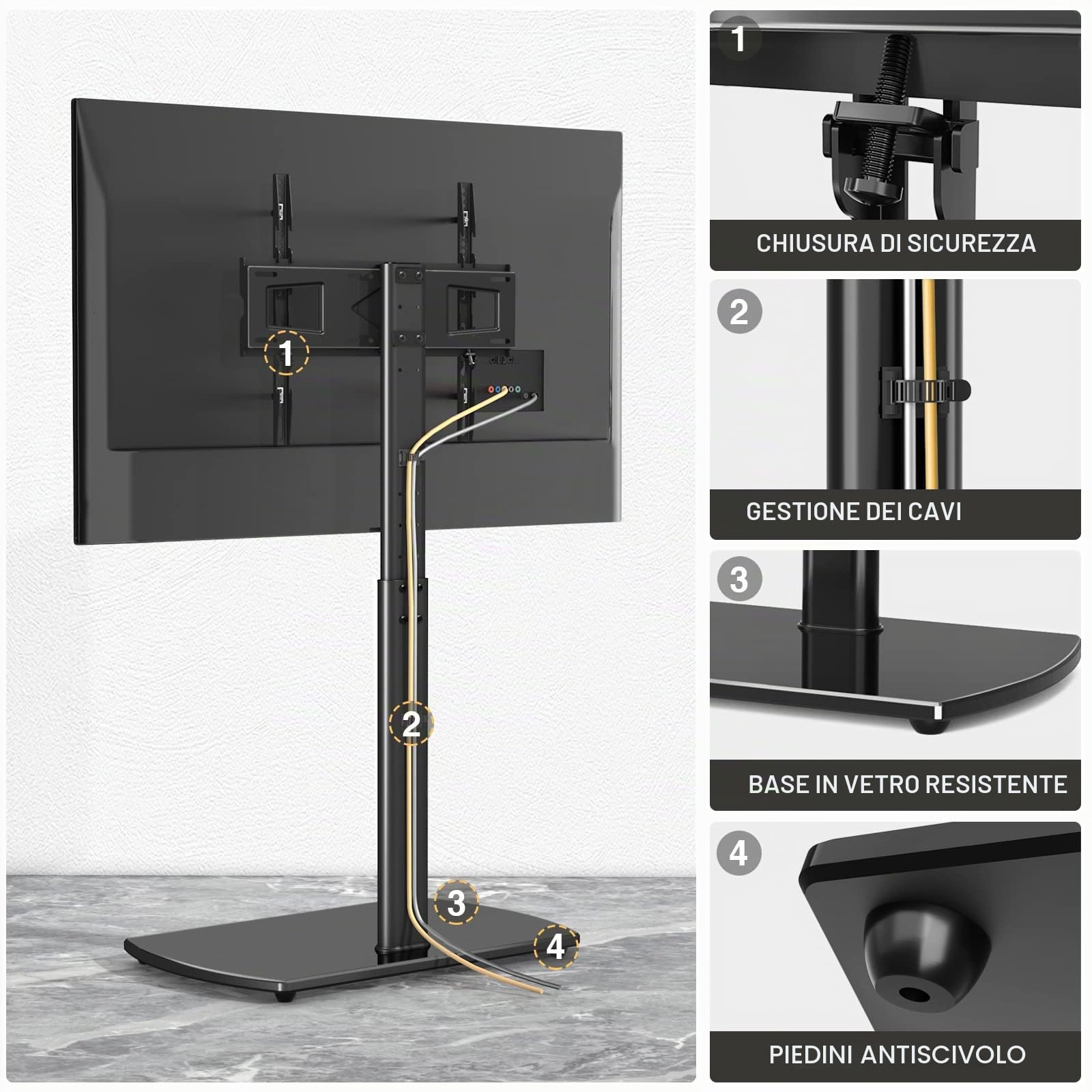 RFIVER Supporto TV da Pavimento per Schermo da 27 a 65 pollici LCD/LED/Plasma Porta TV in Vetro Temperato Staffa Girevole Regolabile in Altezza fino a 35kg Max VESA 400x400mm