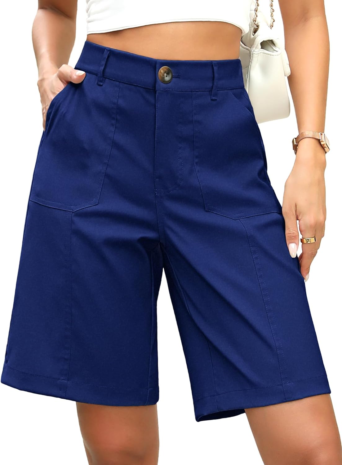 ELLEVEN Bermuda Shorts for Women Elastic Waist Dressy High-Waisted Knee-Length Summer Casual Shorts with Pockets