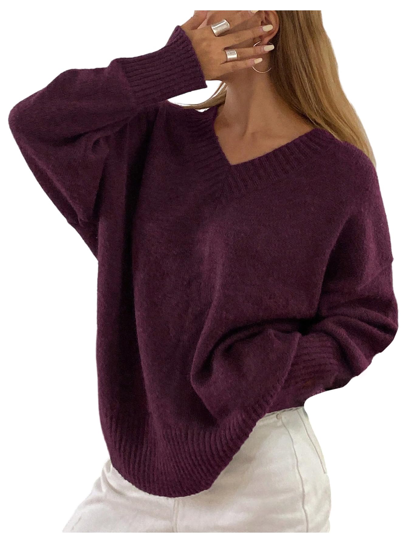 Womens Oversized Fall Sweaters Long Sleeve V Neck Loose Knit Pullover Tops Airport Travel Outfit