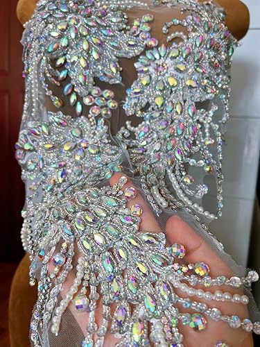 Miniatura 9 de Vestido de novia con cuentas a mano, parches para coser en apliques de encaje con diamantes de imitación, accesorios de cristales de bricolaje, para