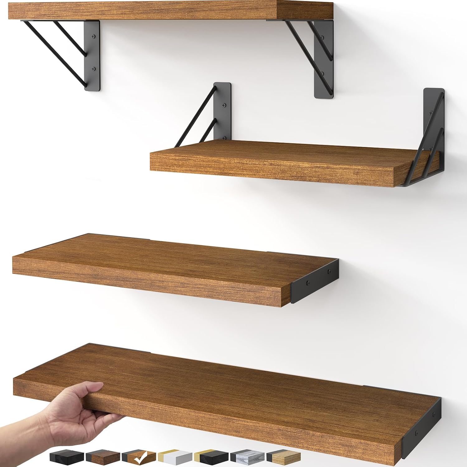 BAYKA Floating Shelves for Wall, Book Shelf for Bedroom, Decor Shelves for Living Room Kitchen, Mounted Wood Floating Shelf for Home Decor, Corner Shelf for Bathroom, Office(Walnut-Toned,Set of 4) Walnut-toned Board & Black Brackets 4-Piece Set