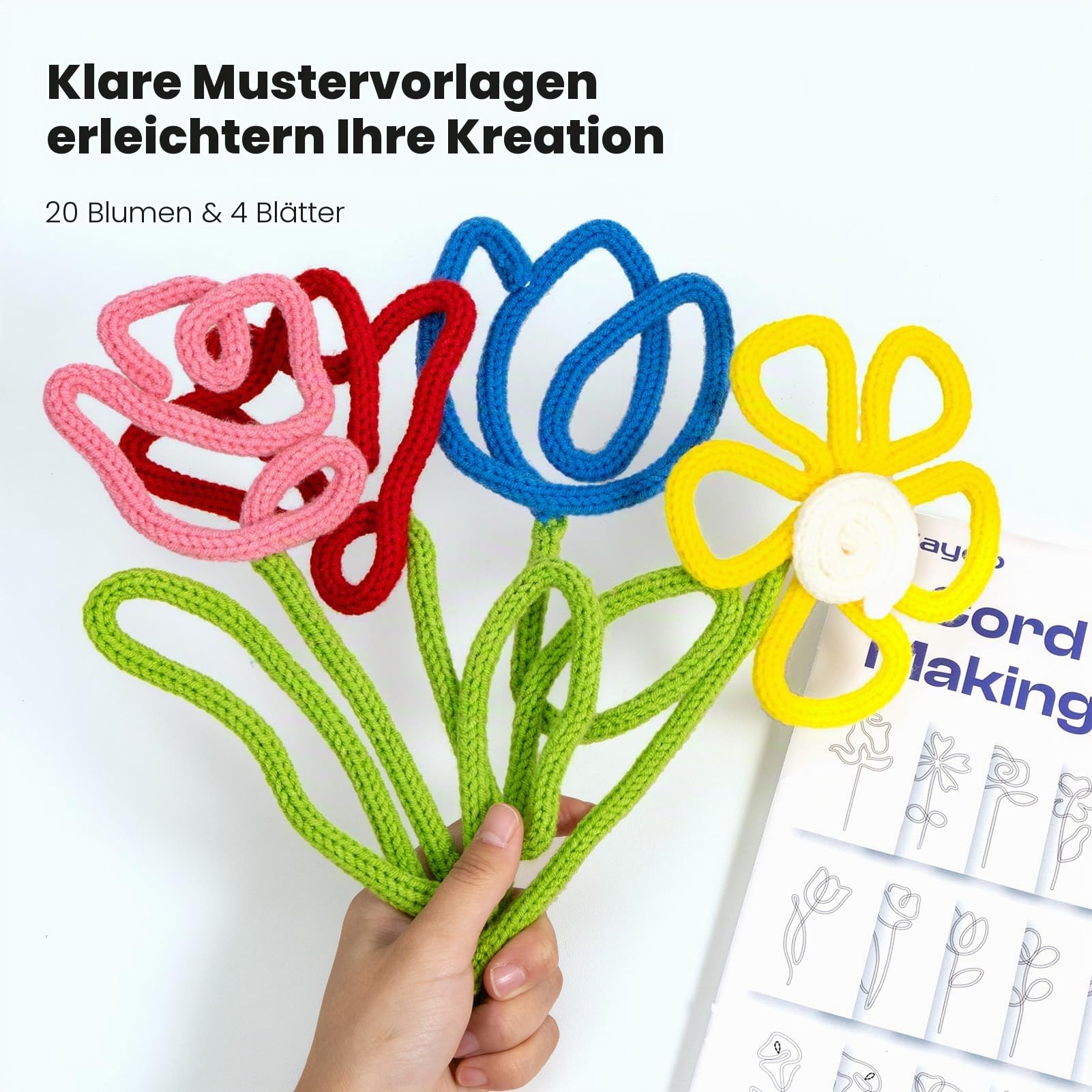 Caydo iCord Blumen Bastelset mit 20 Blumen & 4 Blatt Vorlagen, 10 Strickgarn-Knäuel und 25m Basteldraht für Anfänger, DIY Florales Handarbeits-Set, iCord Stricken lernen mit iCord Strickmaschine