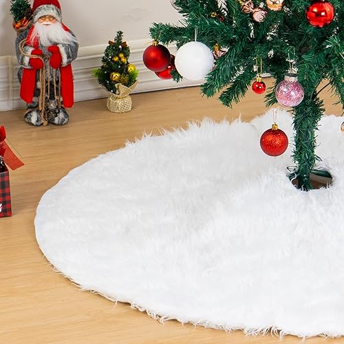 Falda de árbol de Navidad de 36 pulgadas, falda de árbol de piel sintética blanca nieve para decoraciones de fiesta de Navidad, adornos de árbol de