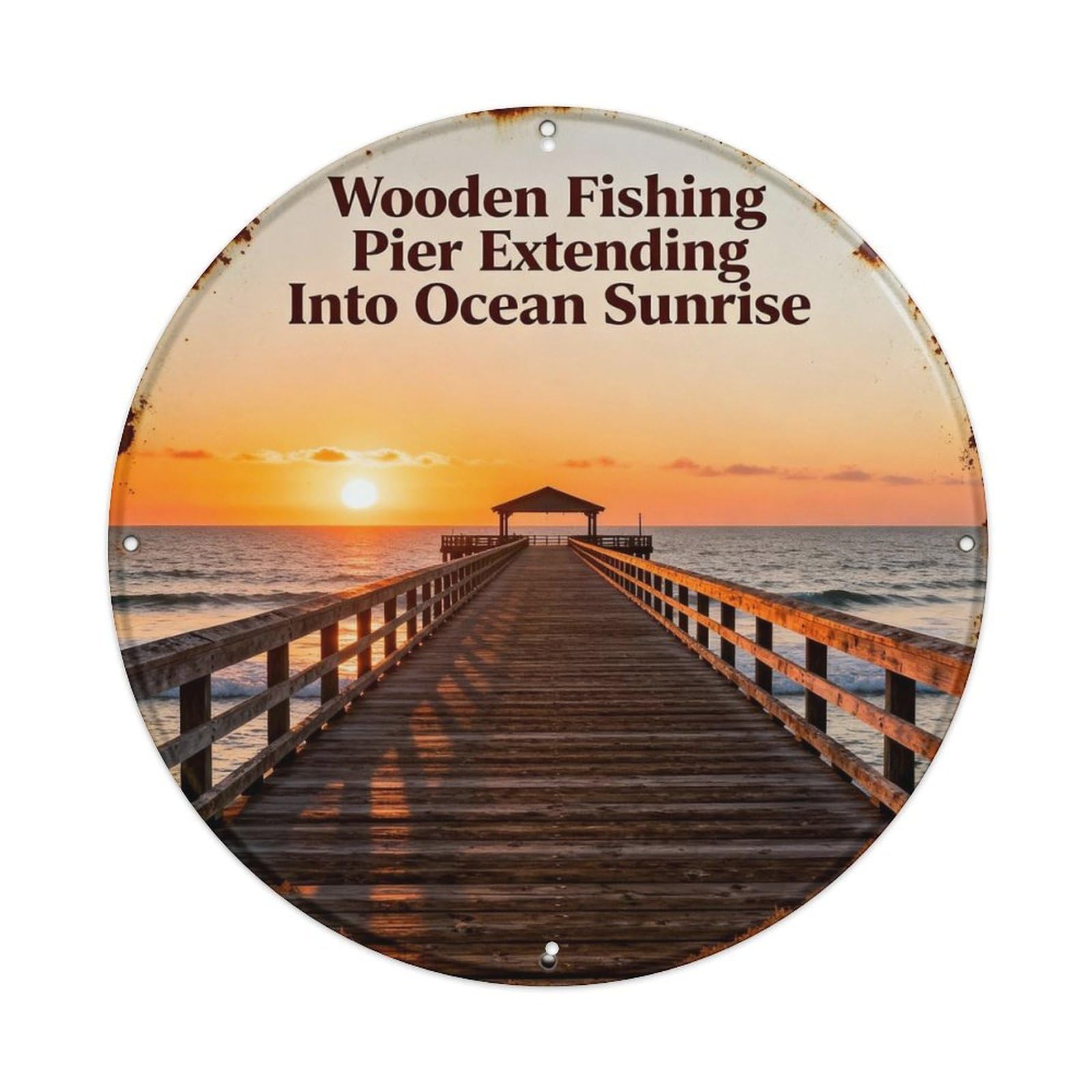 Wooden Fishing Pier Extending Into Ocean Sunrise Metal Tin Sign Plaque