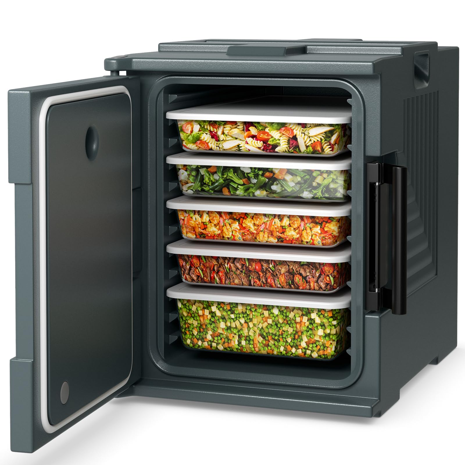 COSTWAY Insulated Food Pan Carrier, 95 Qt Hot Box Catering for 6 Full-Size Pan, Stackable Design, Fastener, Portable Front-Loading Food Warmer for Family Gathering, Buffets, Restaurant, Grey (1)