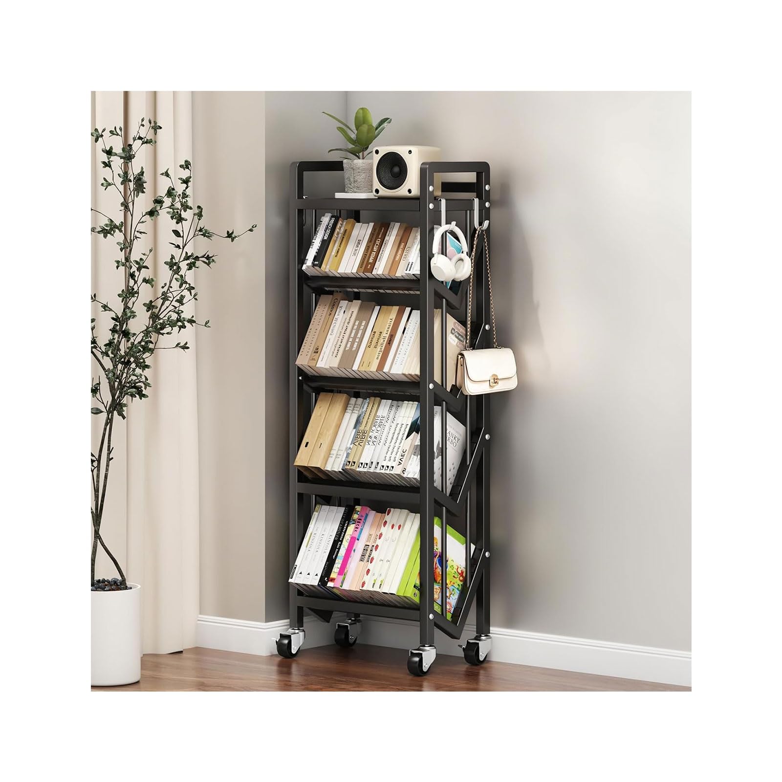 Book Carts with Wheels, Library Rolling Book Cart 2/3/4/5 Tier Movable Bookshelf Mobile Large Capacity L-Shaped Carbon Steel Organizer Rack for Office, Home, Classroom(Black,5 Tiers-19.7x9.8x57.7in)