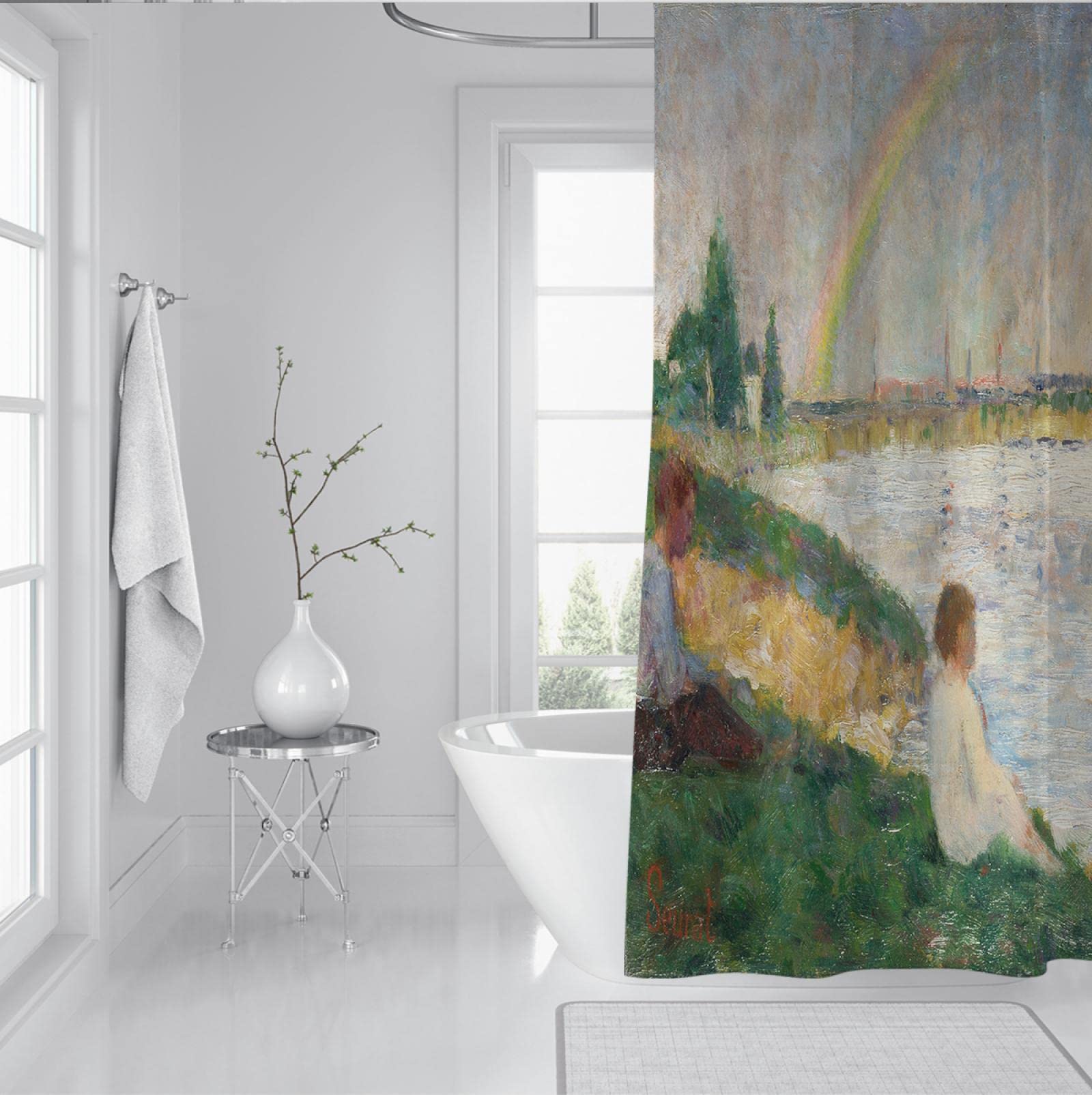Georges Seurat Gemälde Druck auf Duschvorhang Eindrucksstil Stoff-Duschvorhang-Liner für Badezimmer Hotelqualität Design mit Haken W200 x L200cm