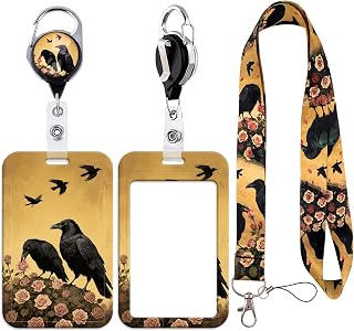Crow Lanyard with Sliding ID Card Holder Self Retracting ID Badge Holder with Retro Rose Name Tag Lanyard with 360 Rotate Keychain Clip for Office School Teacher Work Badges Staff Cruising