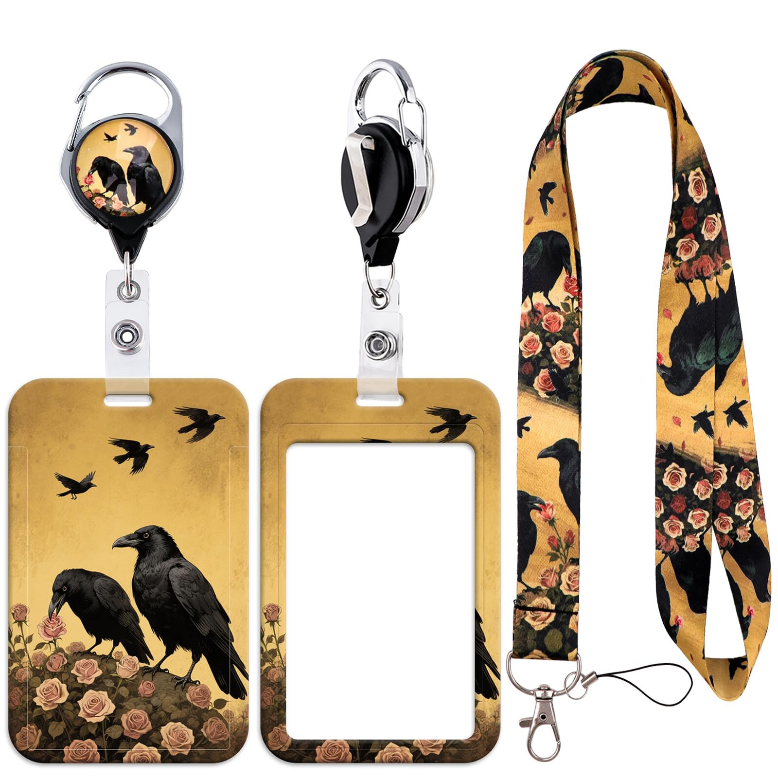 Crow Lanyard with Sliding ID Card Holder Self Retracting ID Badge Holder with Retro Rose Name Tag Lanyard with 360 Rotate Keychain Clip for Office School Teacher Work Badges Staff Cruising — image 1