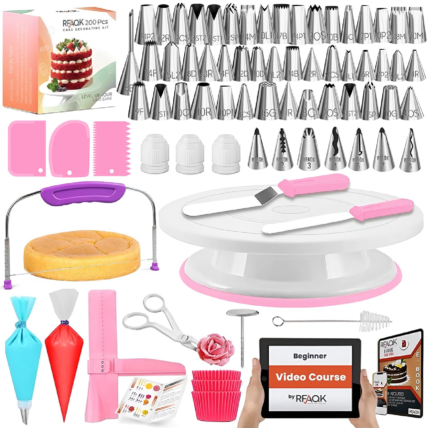 RFAQK kit pasticceria accessori | 200 PC piatto girevole per torte-48 beccucci sac a poche-7 consigli coreani con tabella dei modelli E.Book-altre decorazioni per torte accessori pasticceria