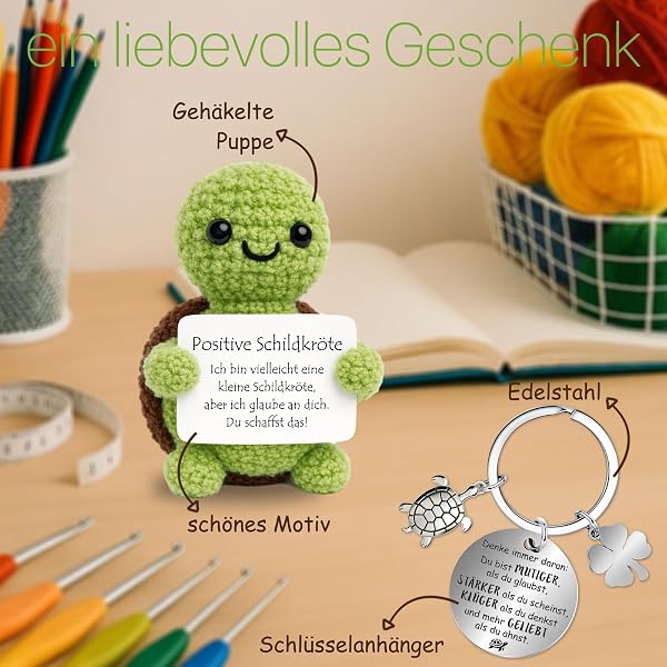 Farbeele Positive Schildkröte und Glücksbringer-Schlüsselanhänger, Pocket Hug Positive Figur, MutmacherGeschenk, Gute Besserung Geschenk, Glücksbringer Prüfung, Geburtstagsgeschenk - 2