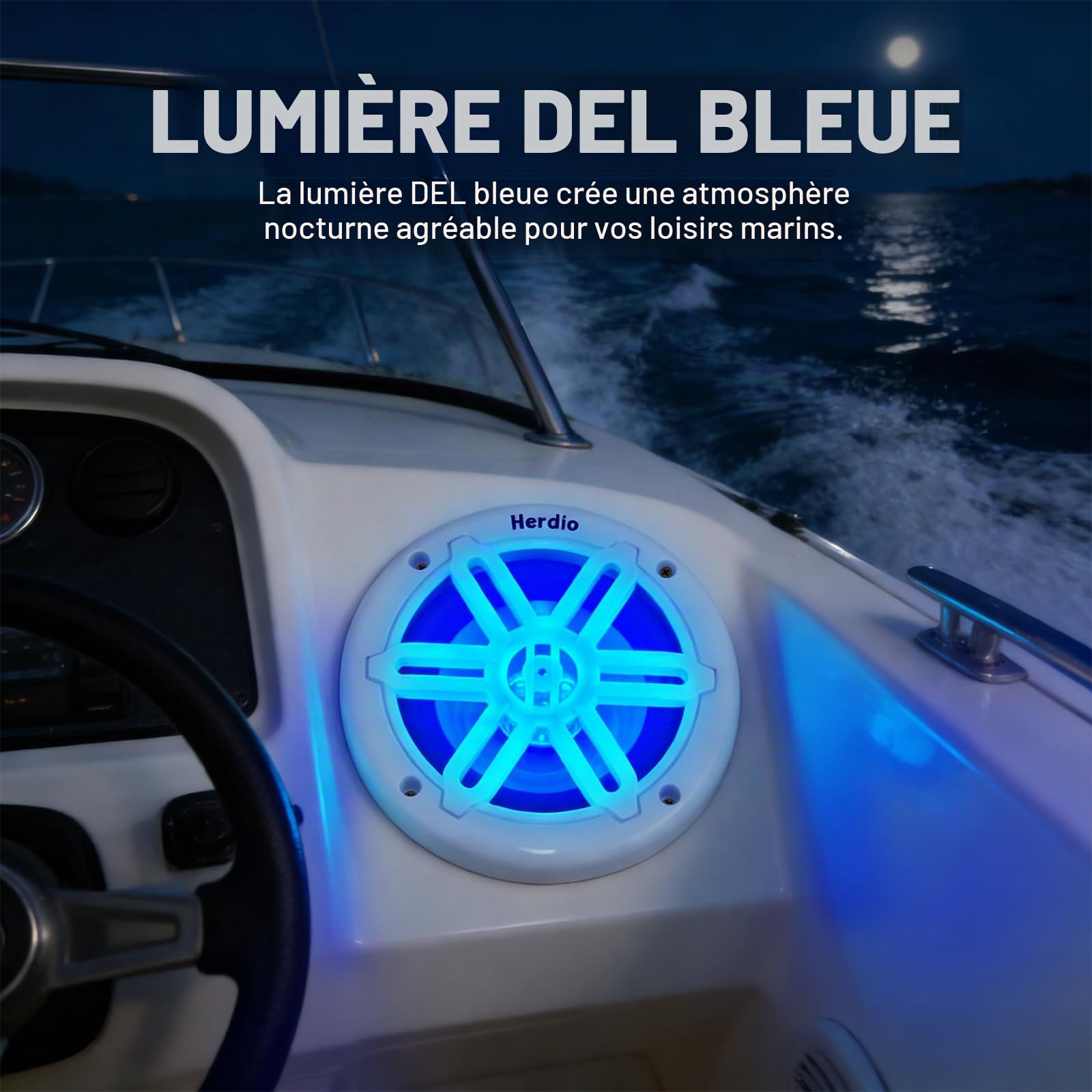 Herdio 6.5" 350W Marine Speakers - IP66 Waterproof Coaxial Audio, with Blue LED Light for Boats, ATVs, UTVs with UV Resistant White Grille (A Pair)