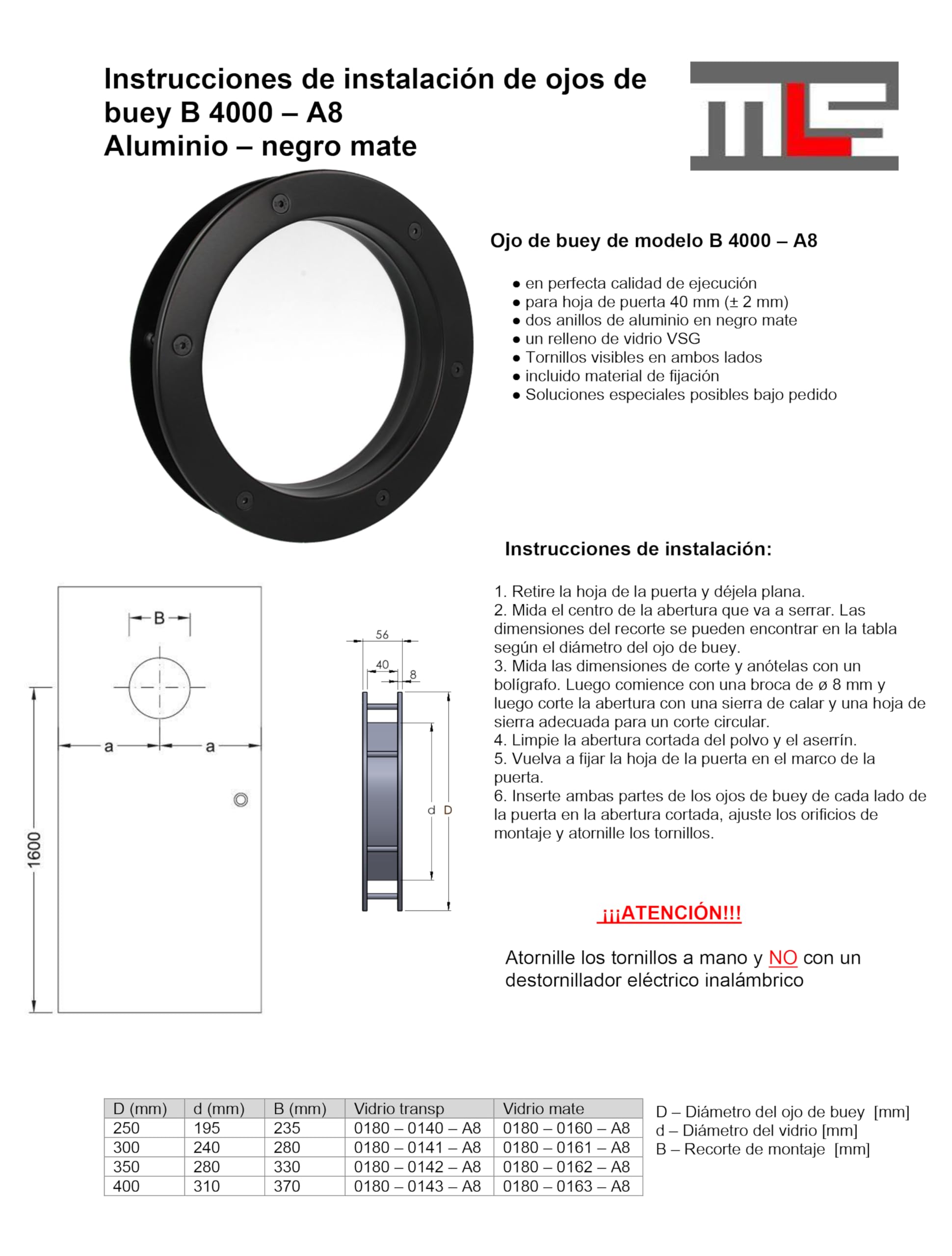 MLS Ojo de Buey B4000, de Aluminio Robusto, Vidrio de Seguridad VSG, para Puertas de 40 mm de Espesor, Tornillos de Fijación Visibles en Ambos Lados, 300 mm de Diámetro, Vidrio Transparente, Negro