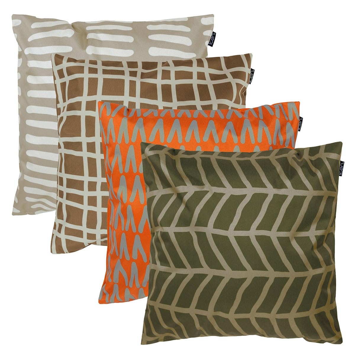 icon Outdoor Cushions Filled, Graphic Collection, Print Mix, Set of 4, 43cm x 43cm, Water Resistant, Brown Outdoor Cushions for Garden Furniture, Garden, Patio