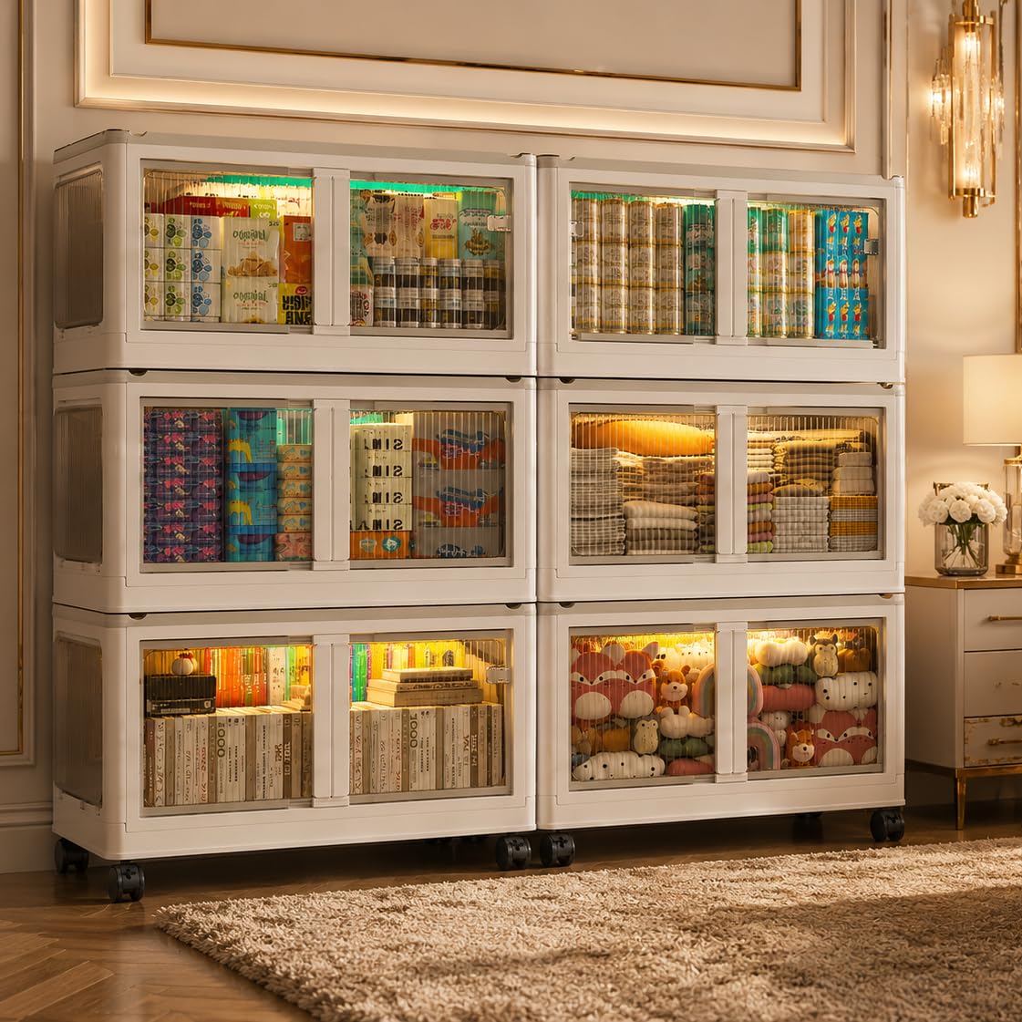 EXVITO 6 Tier Stackable Storage Drawer Organizer Cabinet with Transparent Doors, Multi-Layer Storage Bin, Space-Saving Pantry Organizer, Cupboard for Clothes, Storage Rack - Cream-image-31