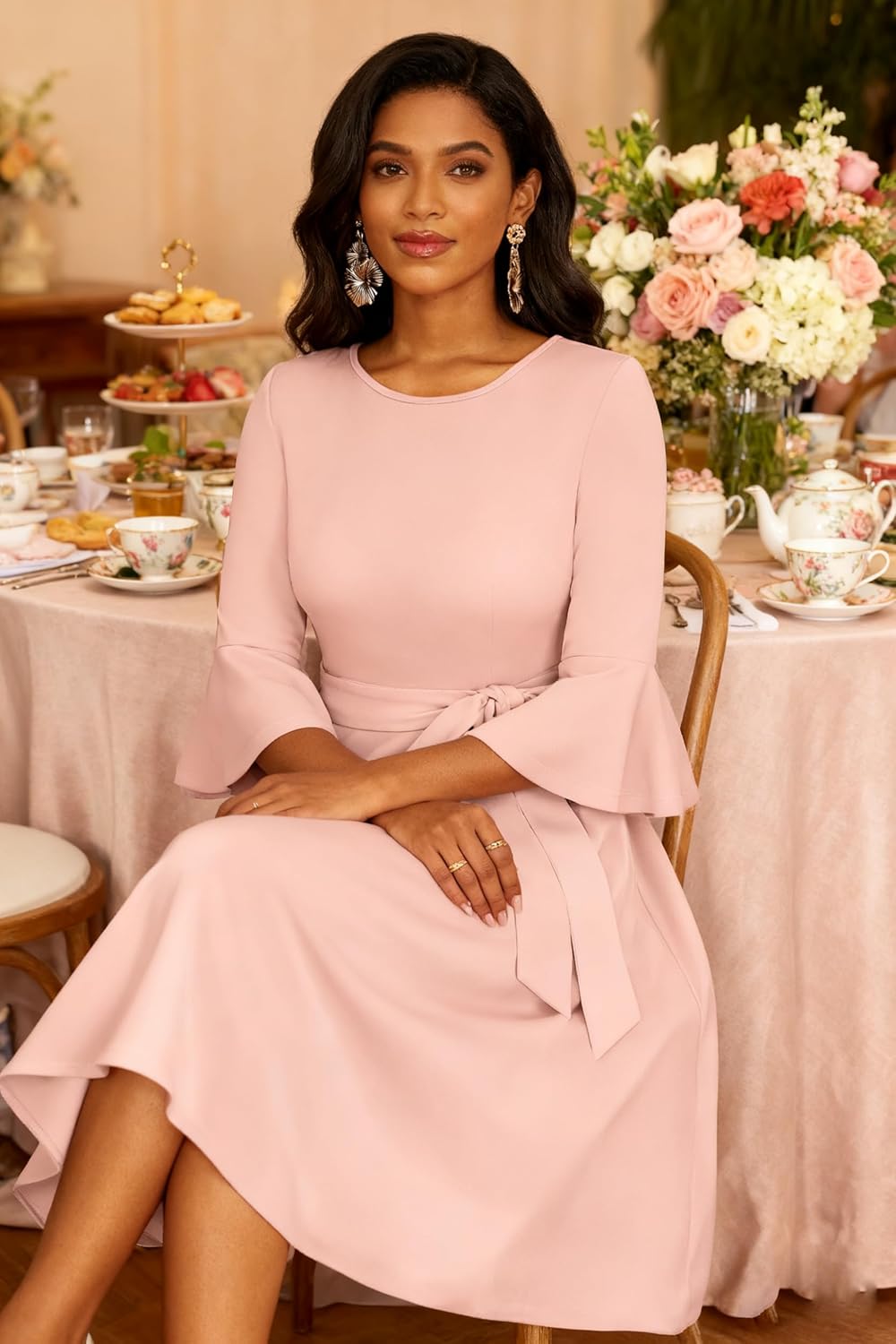 Nmoder Women's Cocktail Dresses - Vintage Bell Sleeve Wedding Geust Tea Party Midi Dress with Belt - Image 3