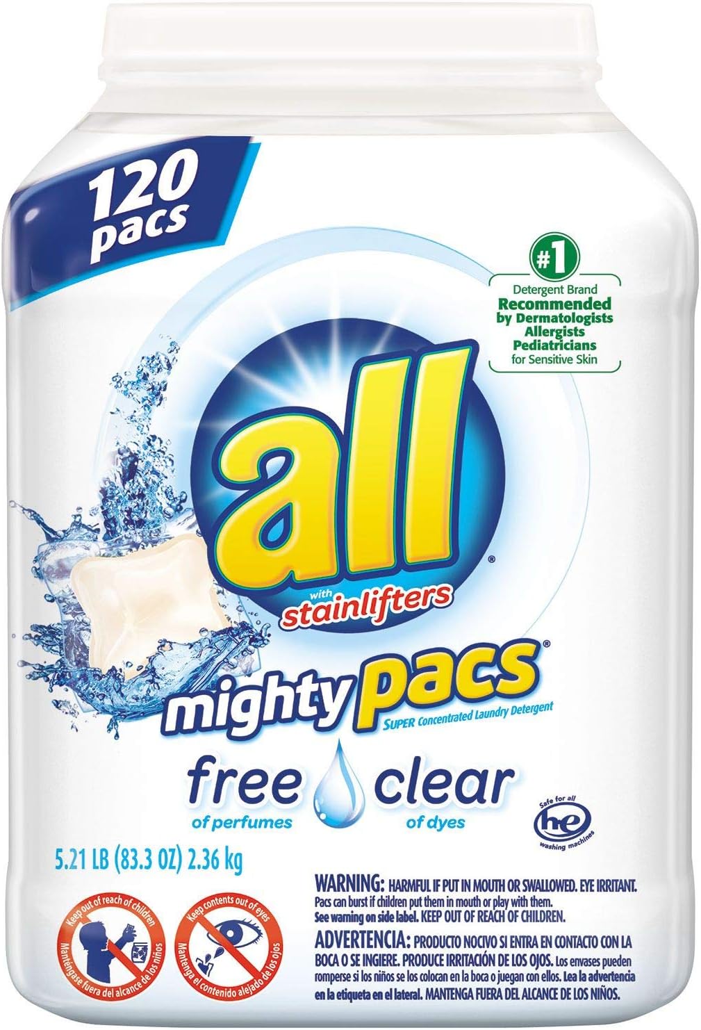 All Mighty Pacs Free & Clear Laundry Detergent (120 Count) (2 Pack)