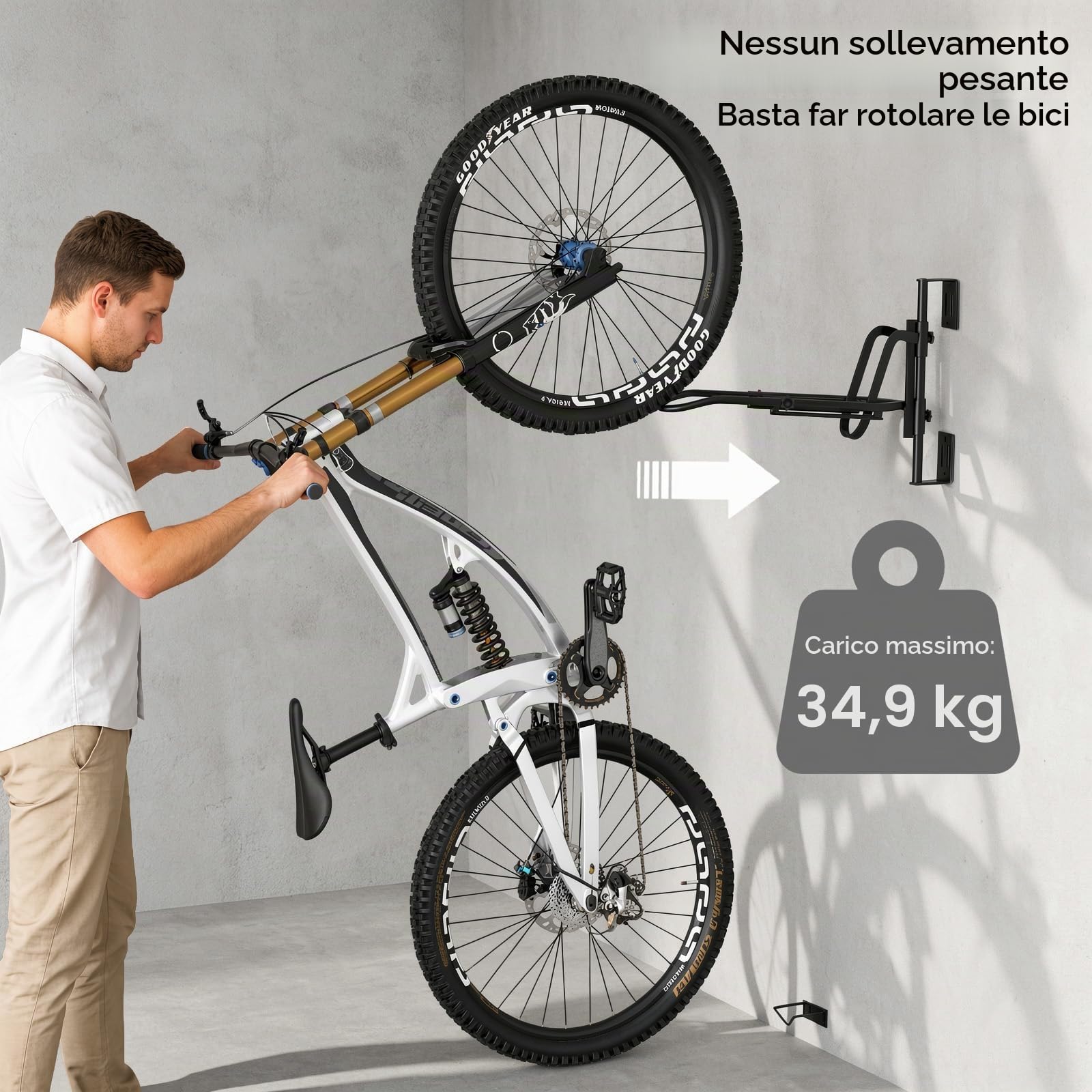 Housolution Supporto a Muro Girevole perBici, Ruote fino a 29'' [1 Pz] | Portabici senza Sollevamento, Ganci per Bici Garage, Risparmiatore Spazio, Pneumatici fino a 3,14'' Larghezza