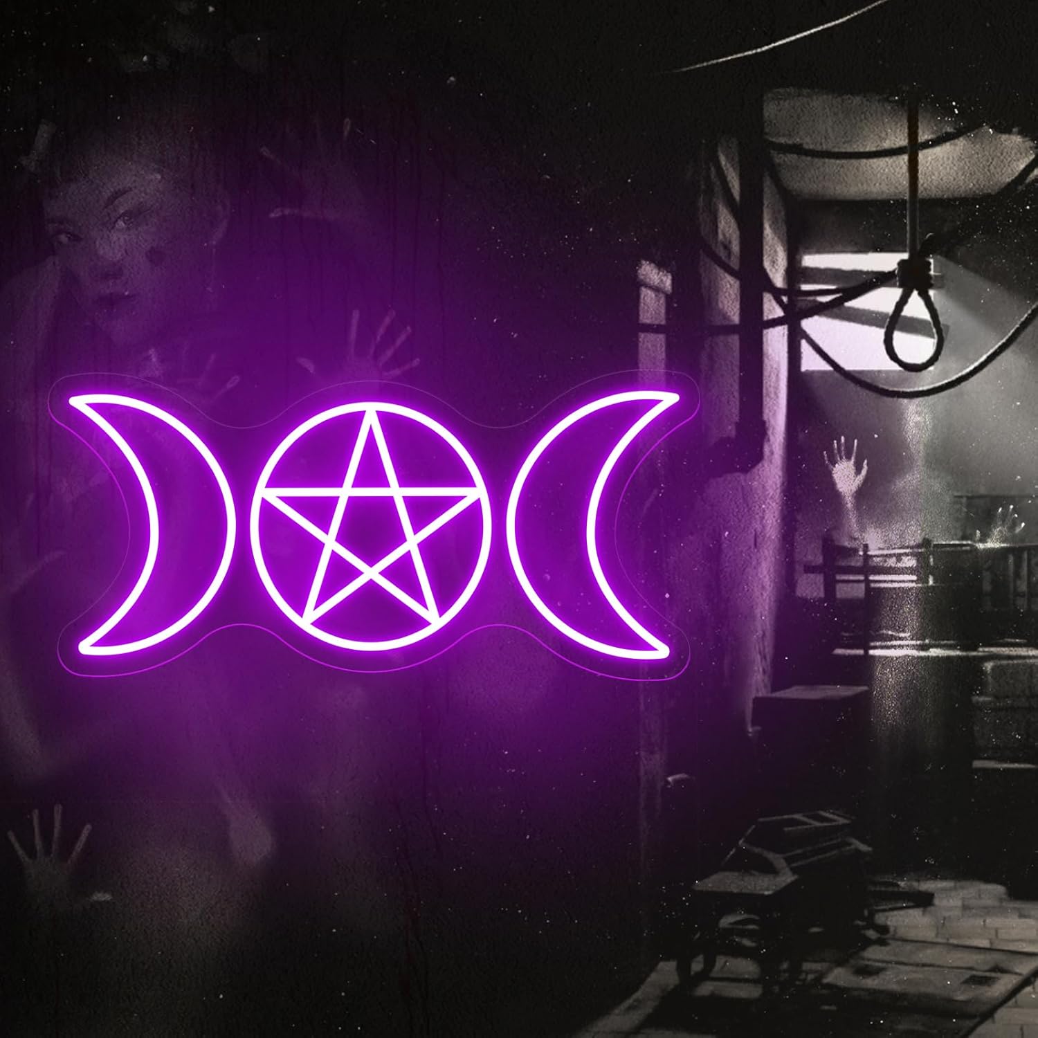 Pentagram Triple Moon Neon Sign,Pentagram Moon Wall Hanging Light,Triple Goddess Wall Sign Decor,Wiccan Neopagan Witch Decor,Wiccan Gift, 16.5"x7.9"