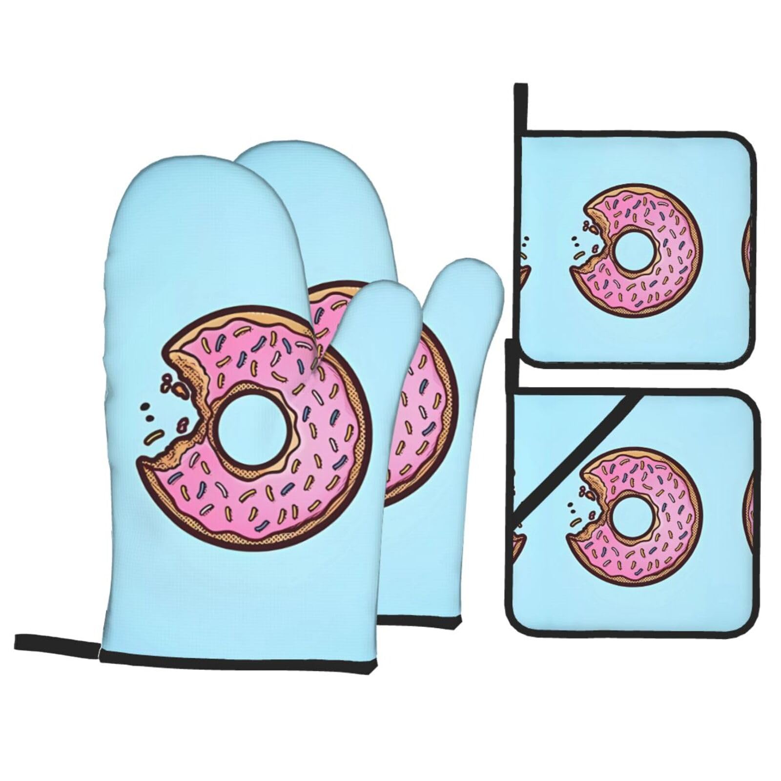 WHJSSF Donut Prints Kitchen Baking Set - 4-Piece Heat Protection Layers with Waterproof Potholders for Oven, Grill & Serving